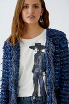 Oui Boucle Style Fringed Jacket close-up front showcasing raw-edge fringe