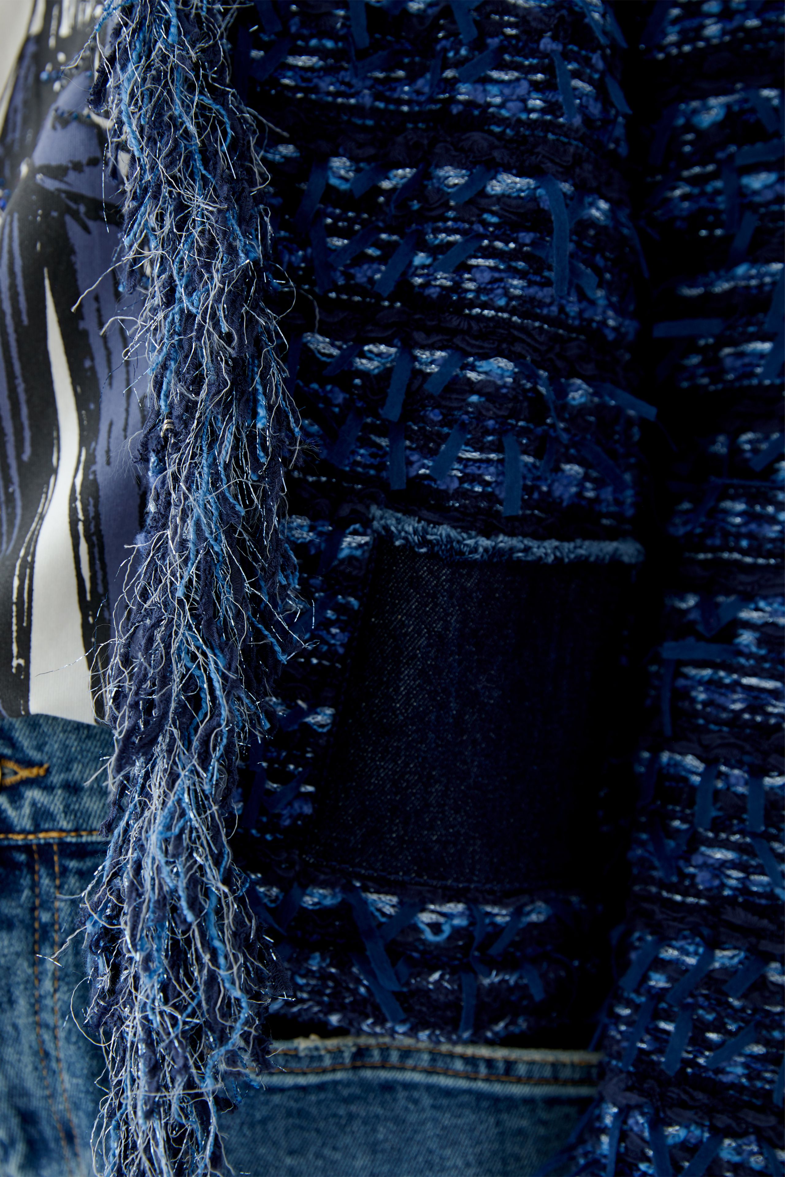 Oui Boucle Style Fringed Jacket close-up of contrast denim patch pocket and frayed edge