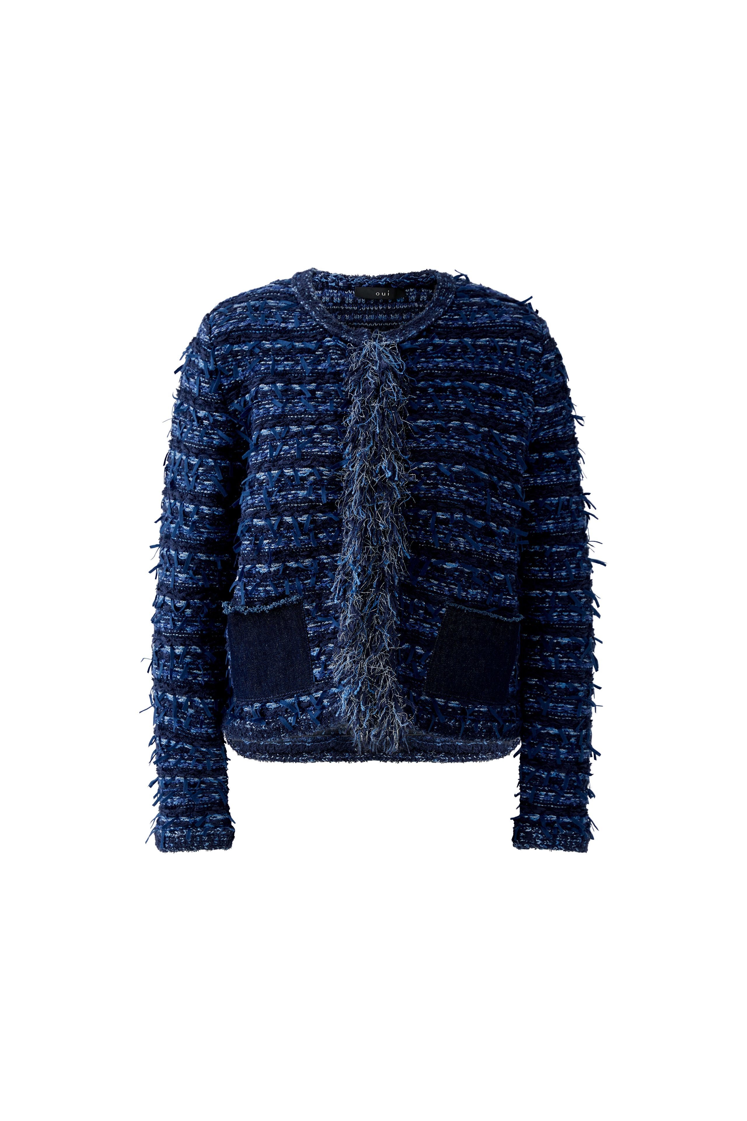 Oui Boucle Style Fringed Jacket flat lay front view in navy boucle with raw-edge fringe and denim patch pock