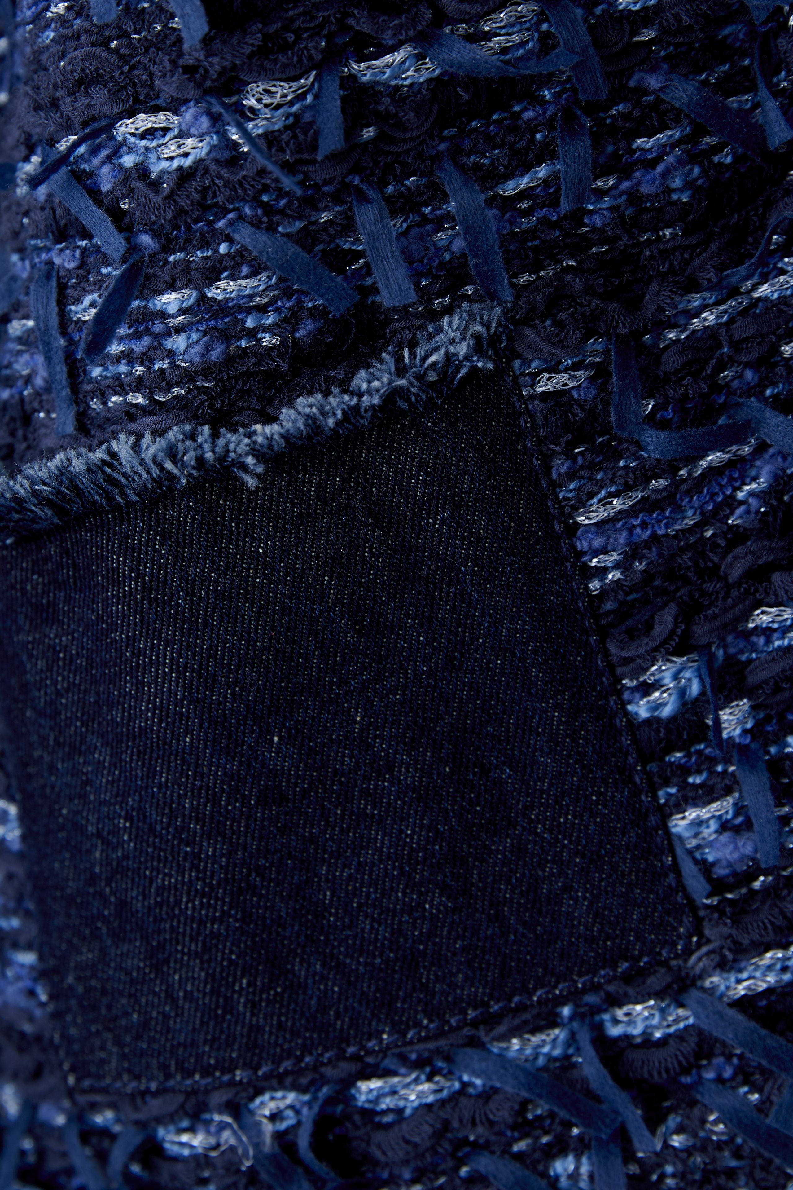 Oui Boucle Style Fringed Jacket macro view of denim pocket and layered fringe trim