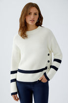 Oui Viniah off-white ribbed jumper with navy hem and cuff stripes and side buttons