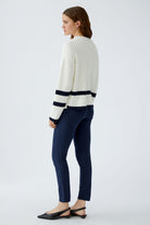 Oui Viniah side view of ribbed jumper showing elasticated hem and stripe detail