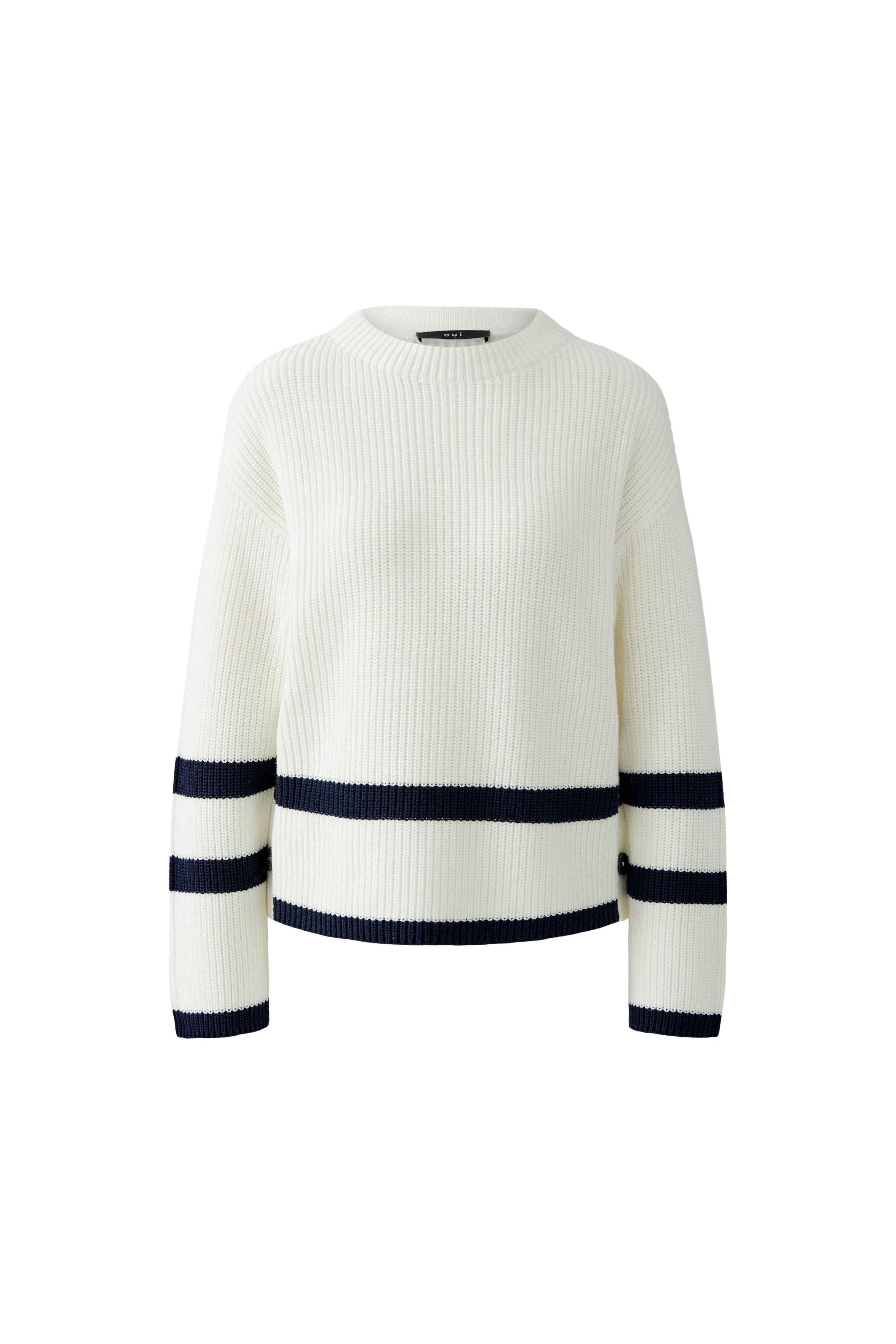 Oui Viniah flat-lay of off-white ribbed knit jumper with two navy body stripes