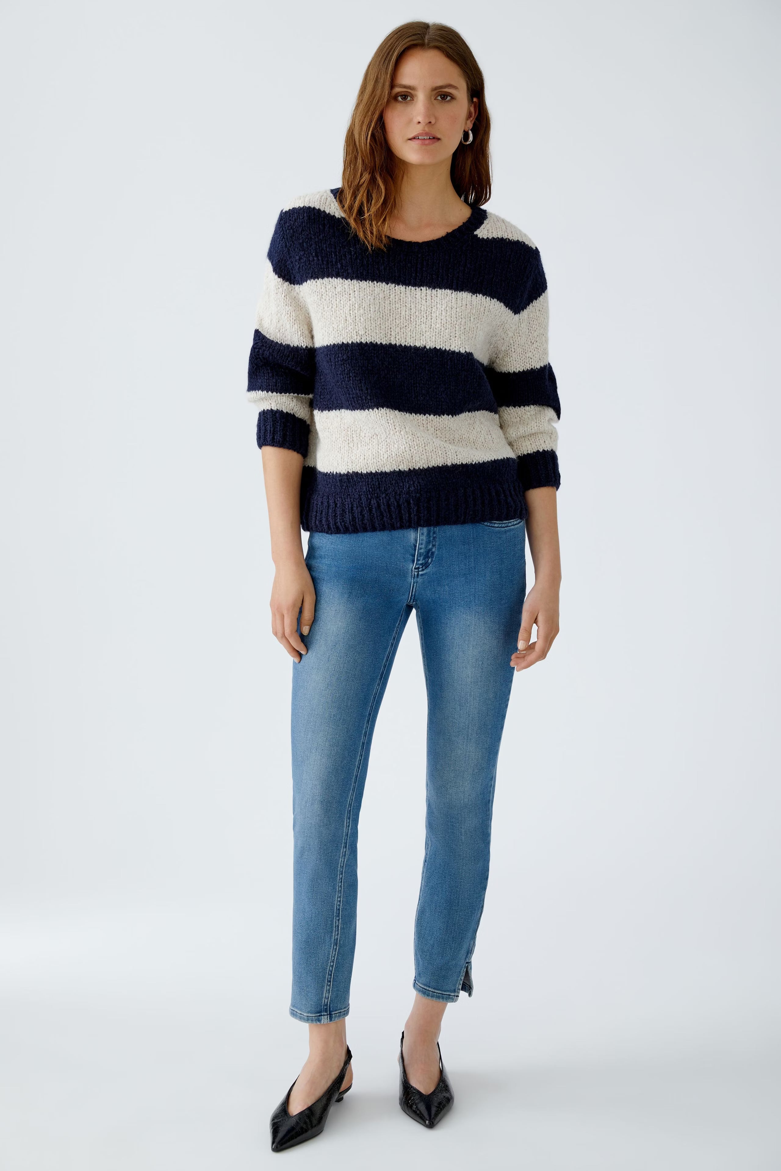 Front view of Oui Esmy wool blend jumper with navy and cream stripes