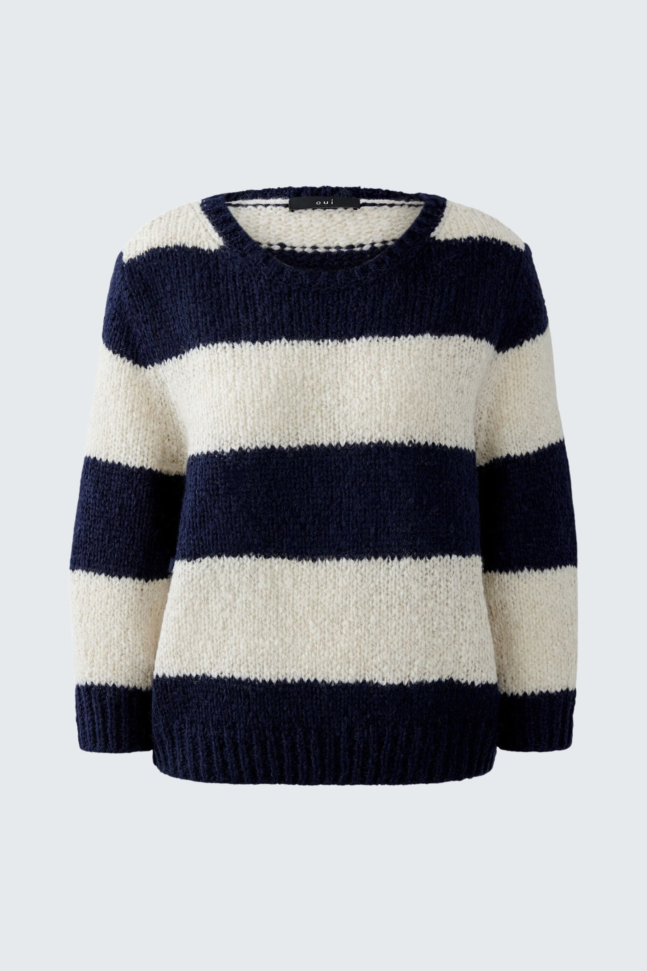 Flat lay of Oui Esmy navy and cream striped wool blend jumper