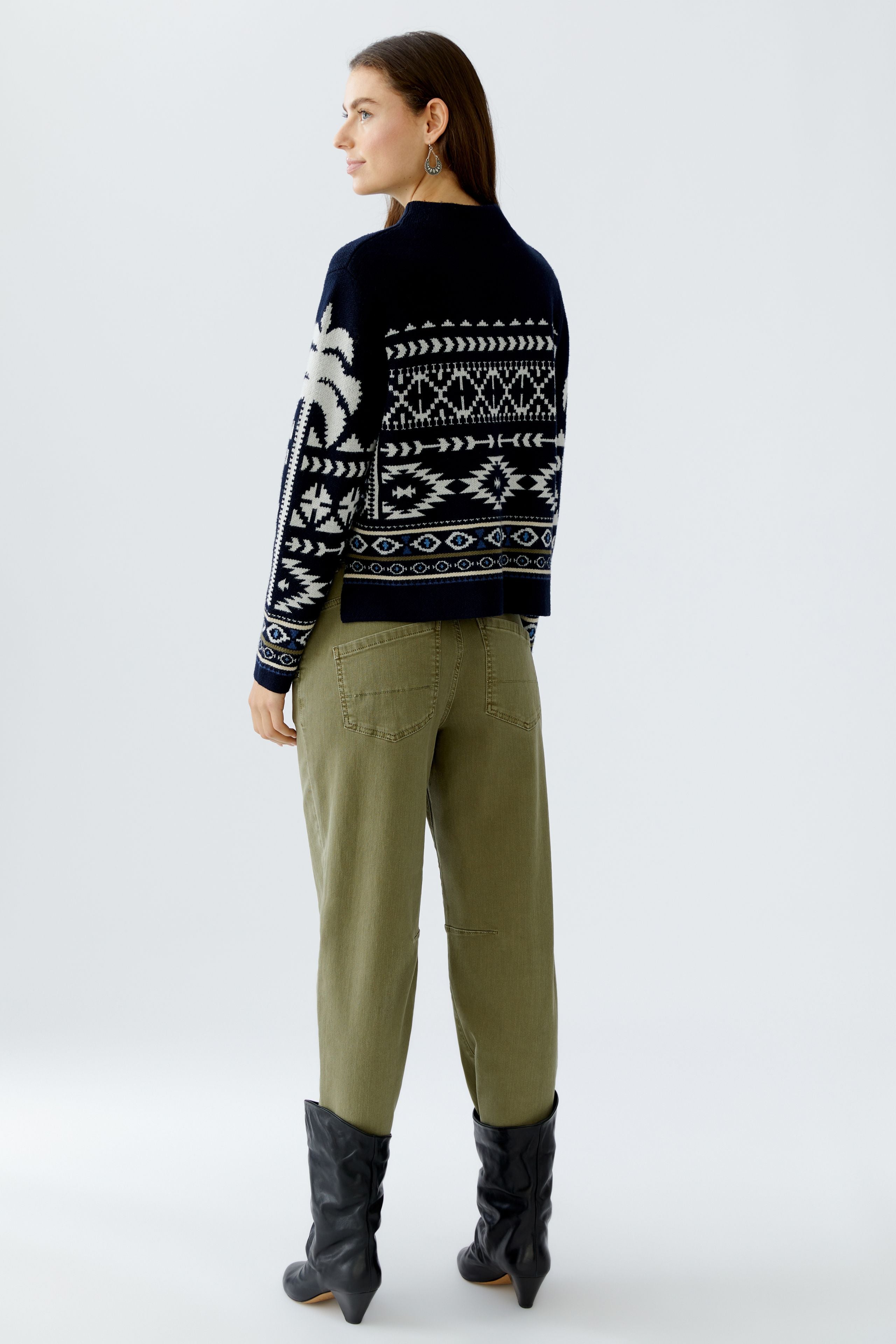 Back view of Oui navy jumper with geometric Norwegian pattern