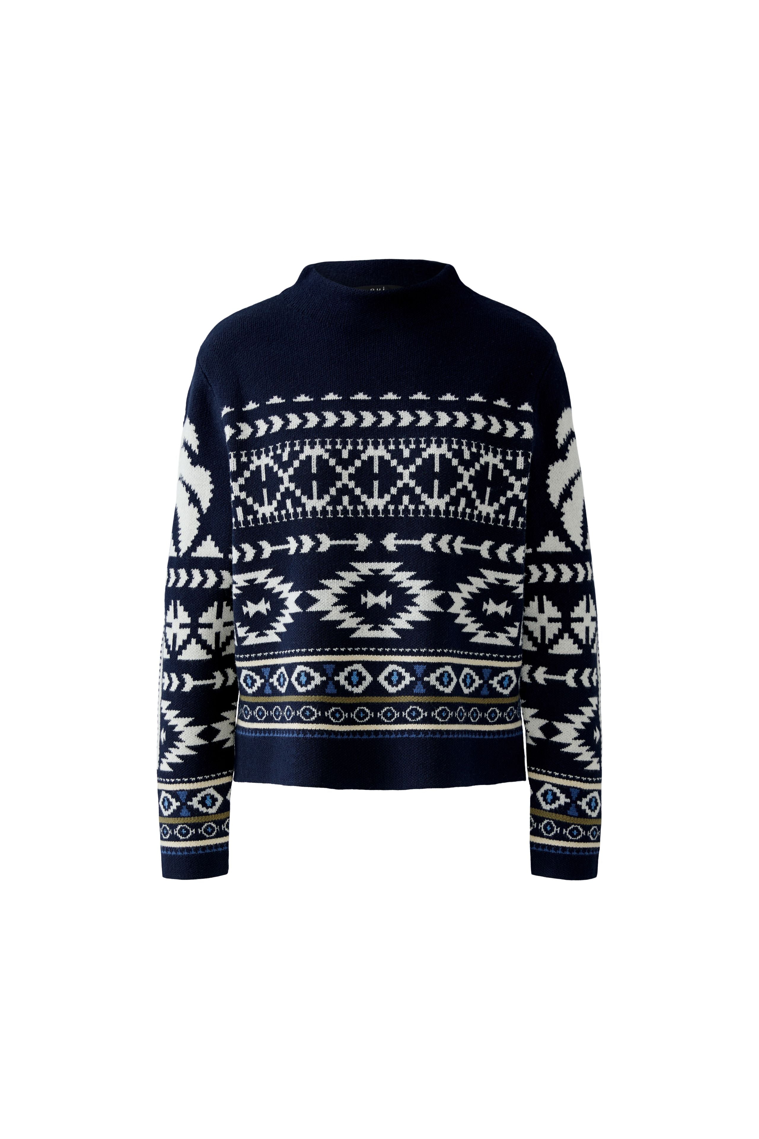 Flat lay of Oui navy Norwegian knit winter jumper – front view