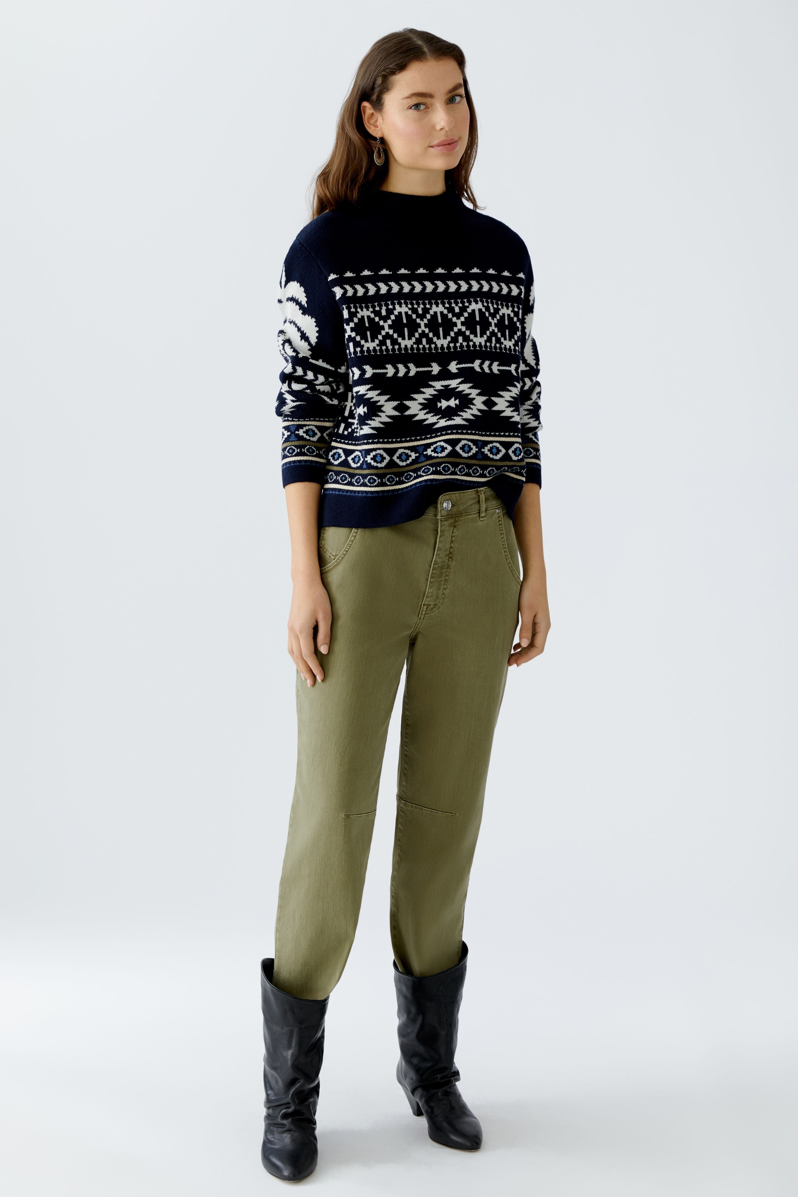 Front full-length view of Oui navy jacquard winter knit Jumper