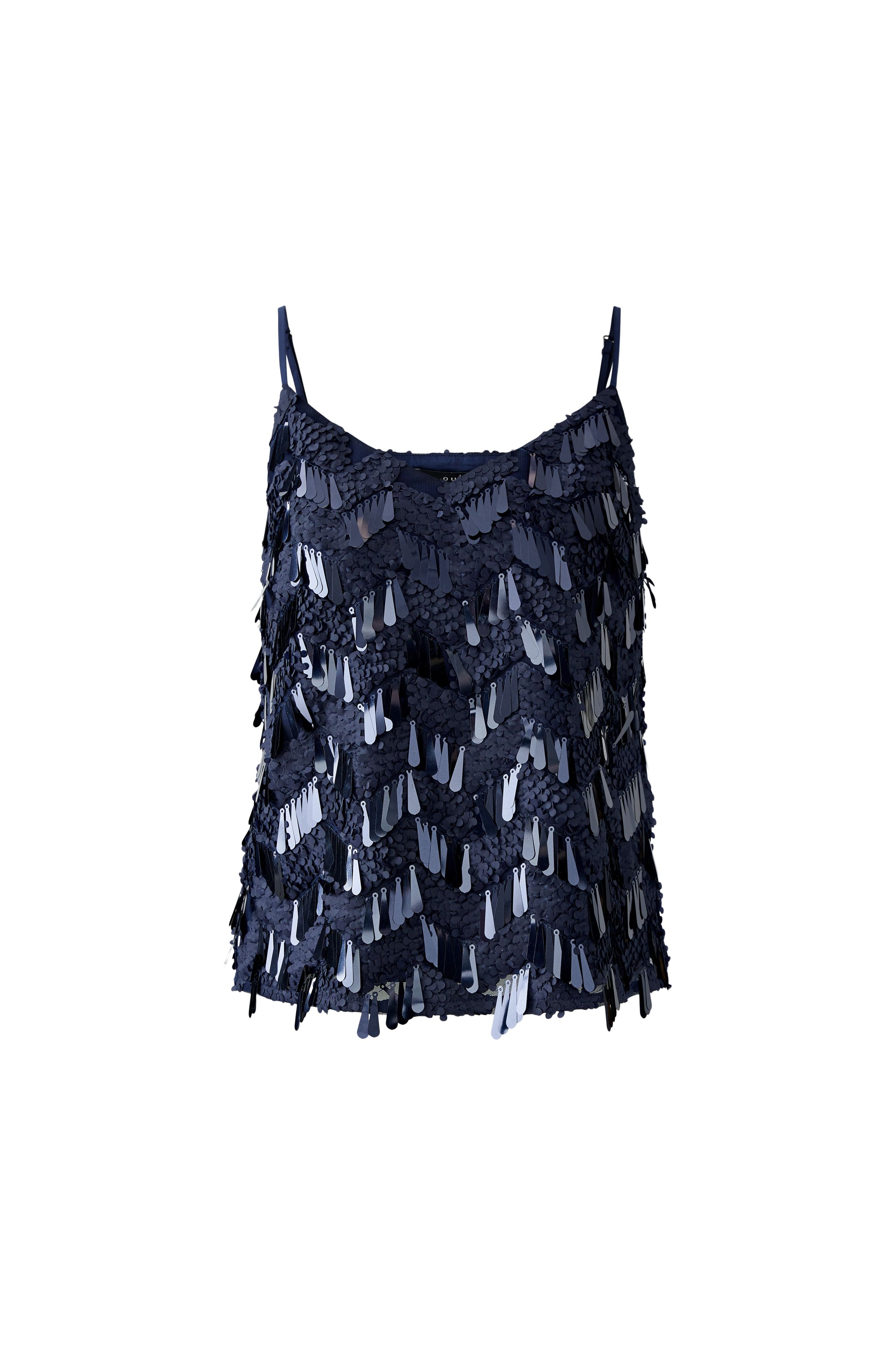 Flat lay of Oui navy sequin cami top, front view