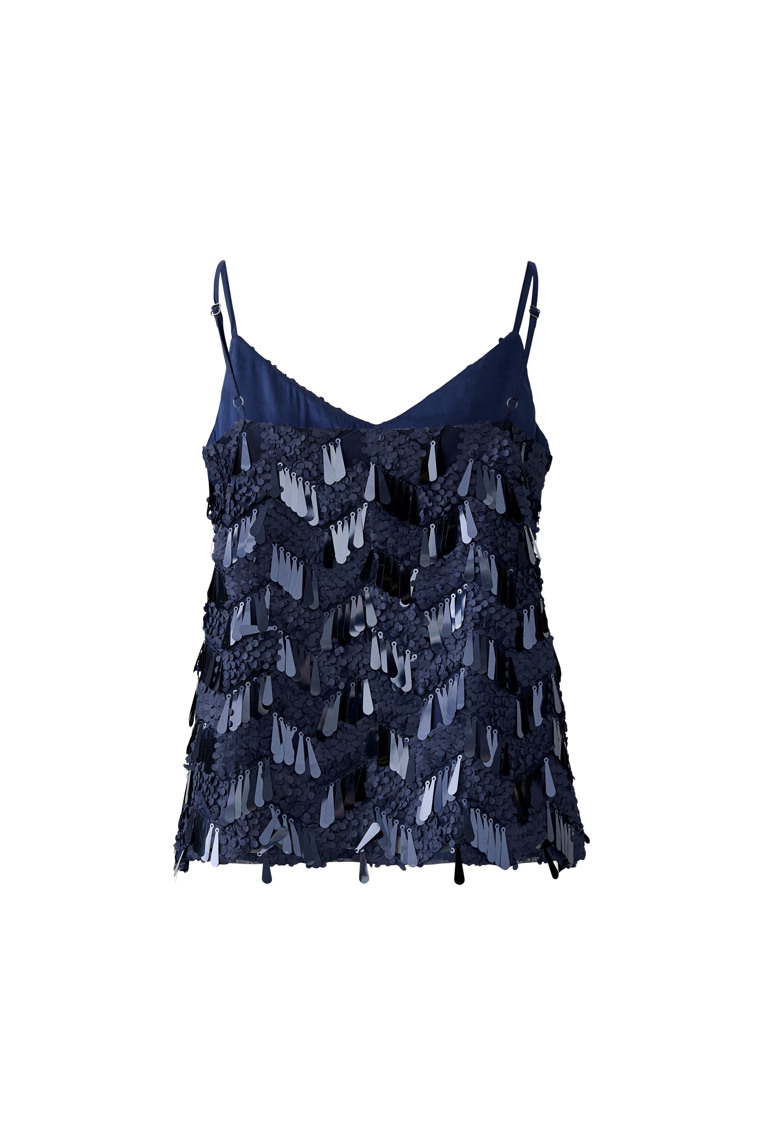 Flat lay of Oui navy cami top, back view with slim straps