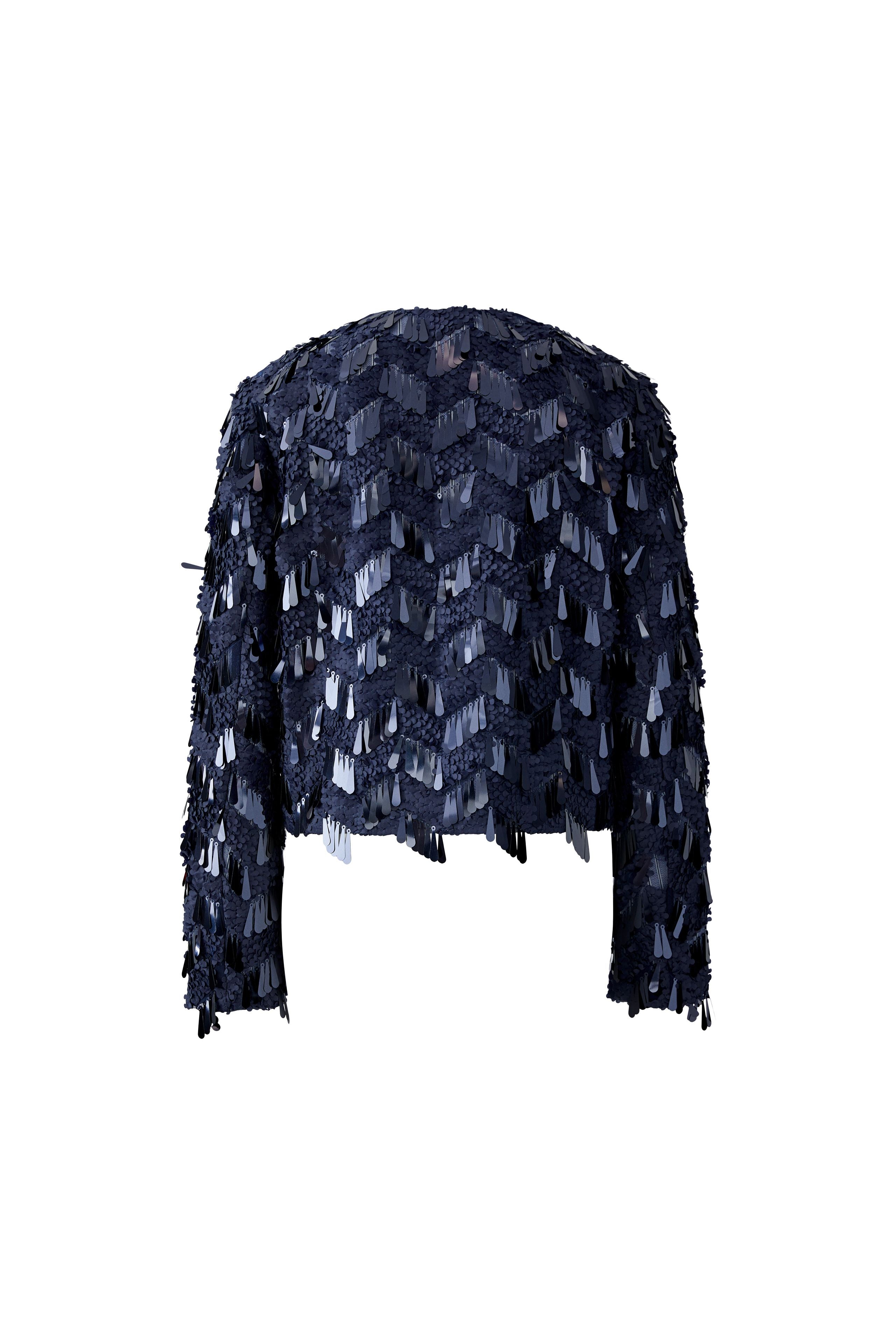 Flat lay side angle of Oui navy mesh and sequin jacket From back