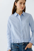 Front cropped view of Oui striped blouse showing button placket and collar