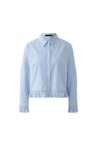 Flat lay of Oui ruffle sleeve striped cotton blouse on white background