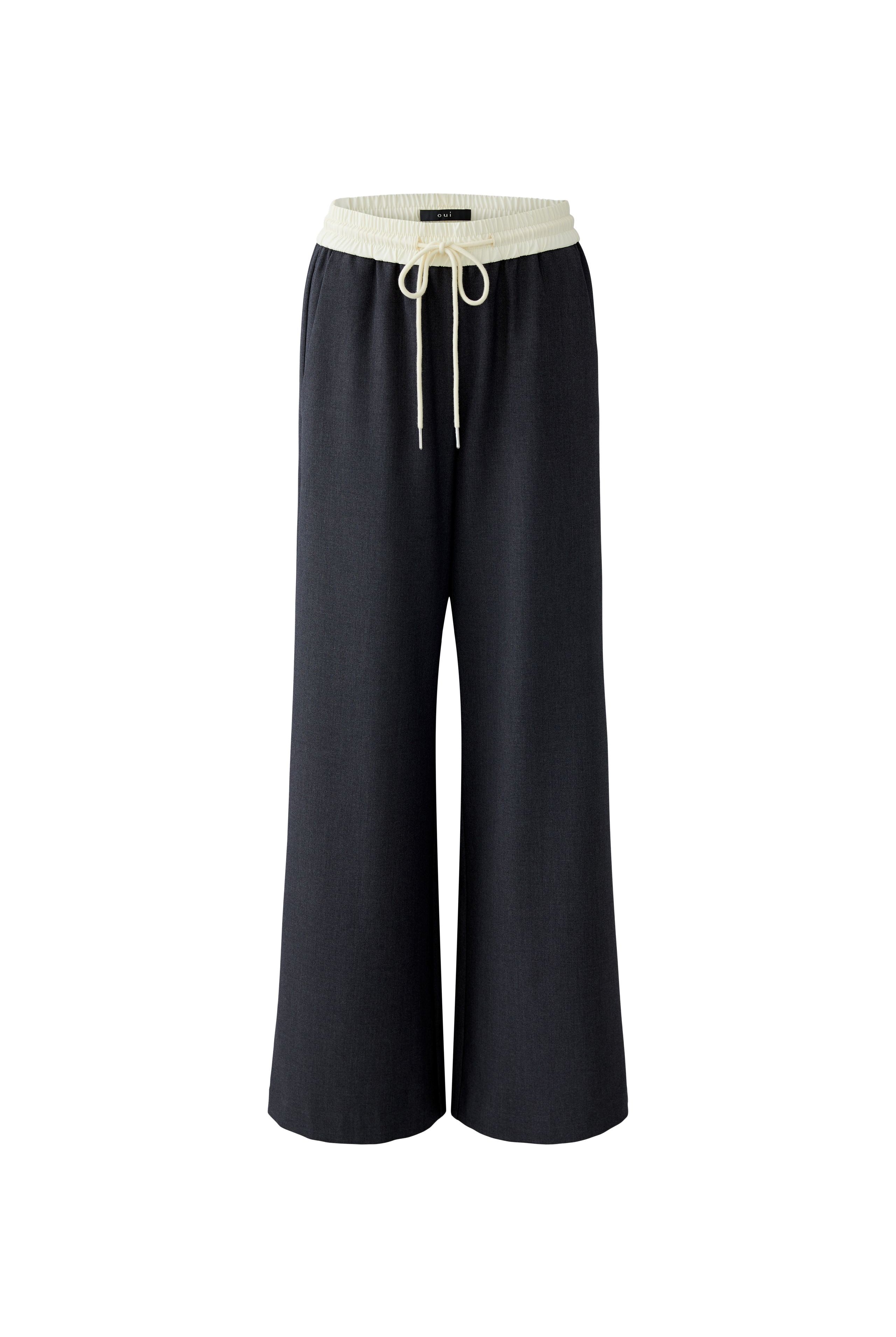 Oui dark grey wide leg jersey trousers with cream elastic waistband