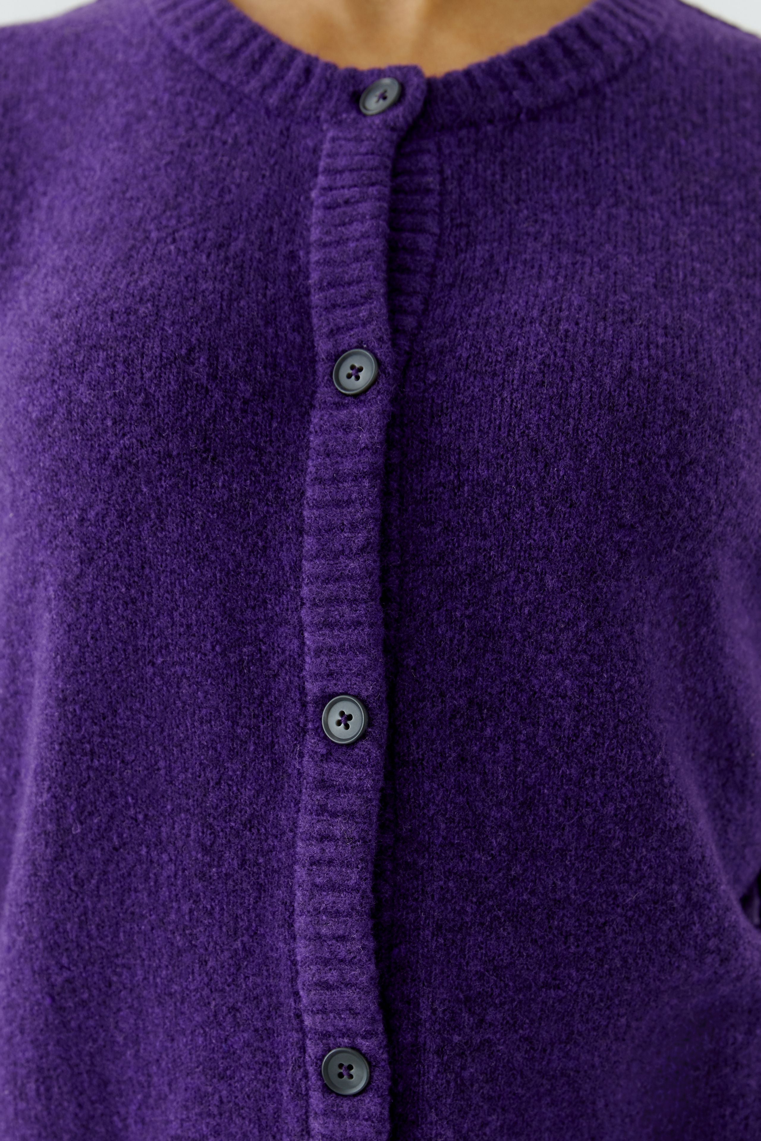 Oui Ilaya purple cardigan close-up showing horn-look buttons