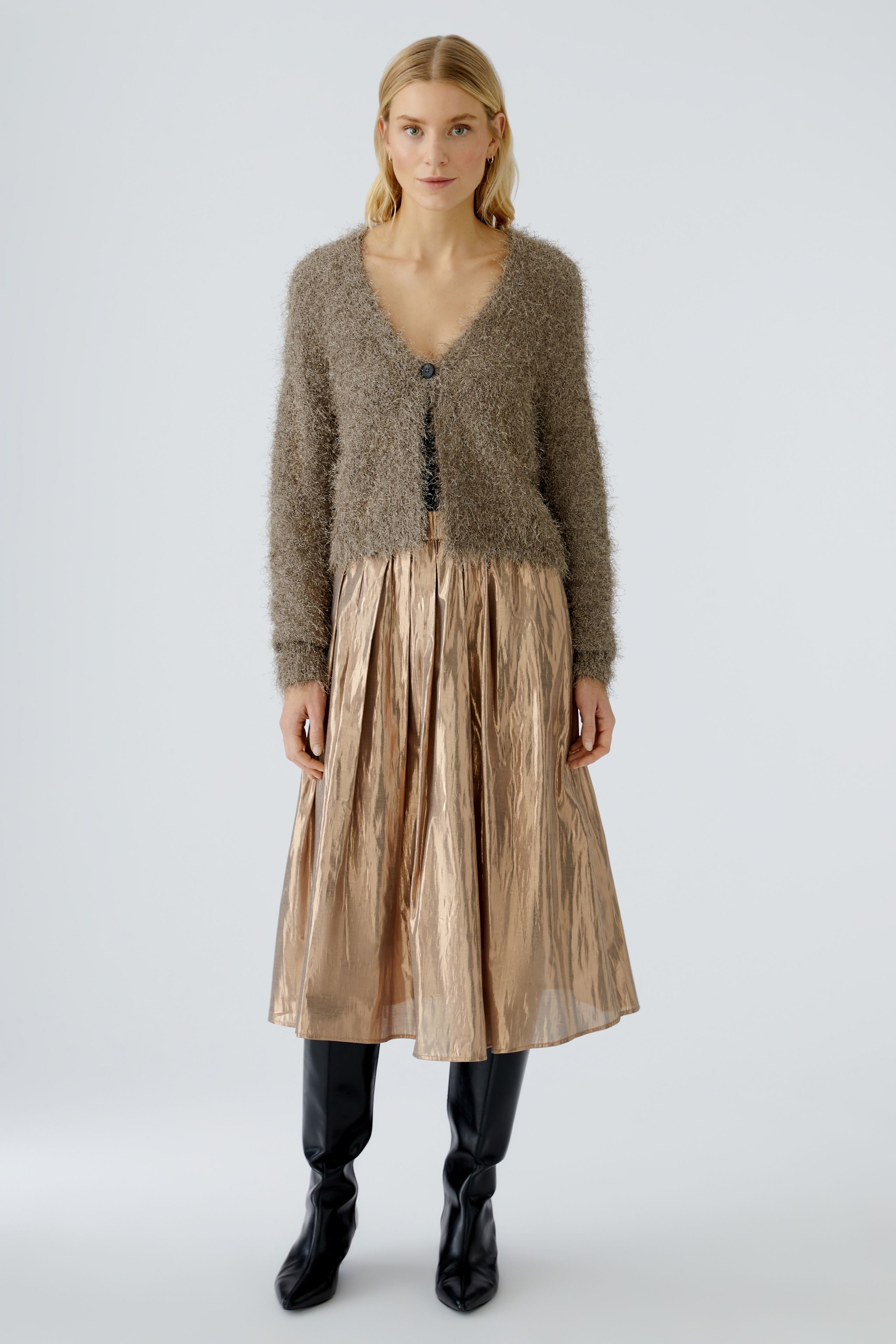 Oui Smokey Taupe Fluffy Warm Knit Cardigan full front view