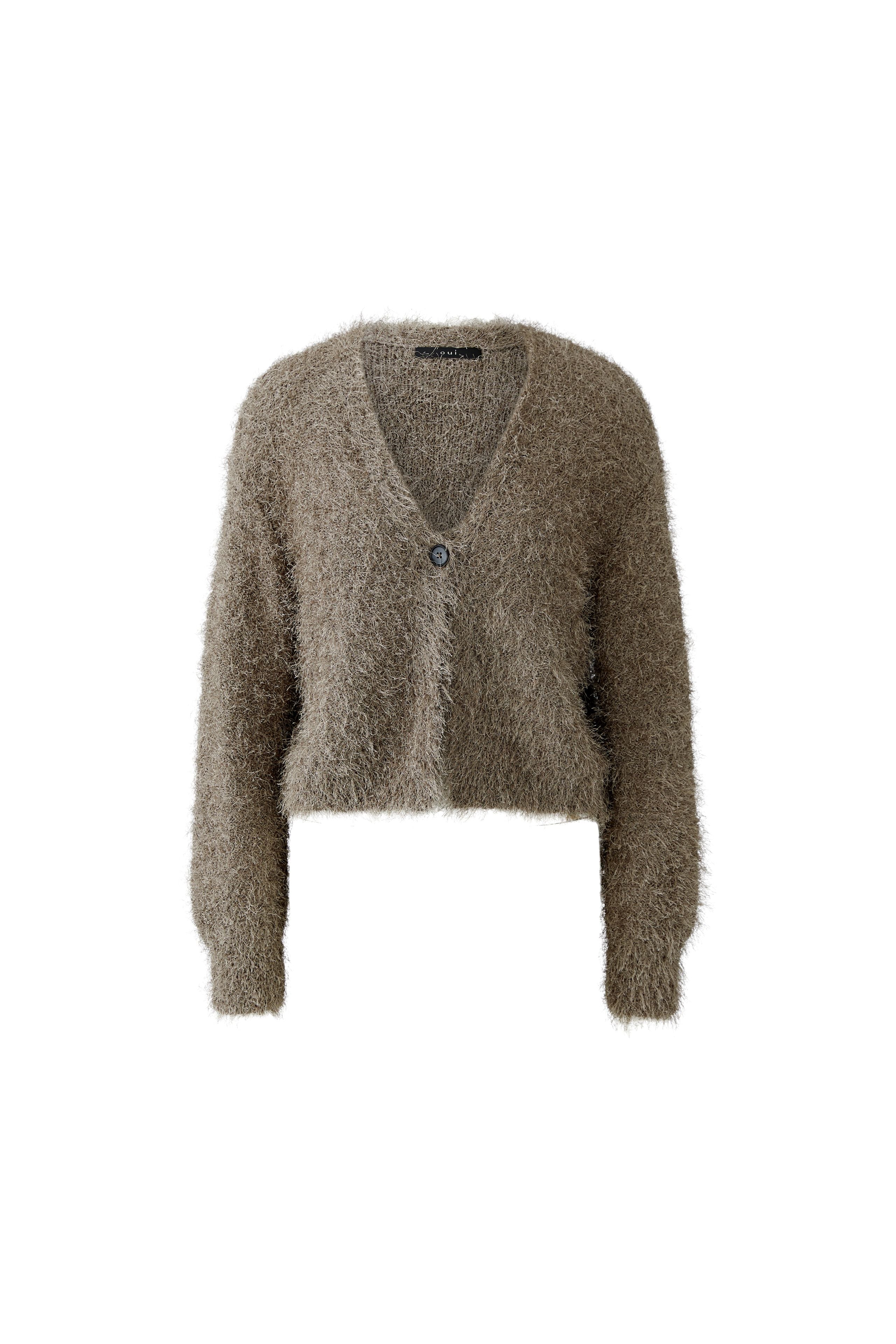 Oui Smokey Taupe Fluffy Knit Cardigan laid flat