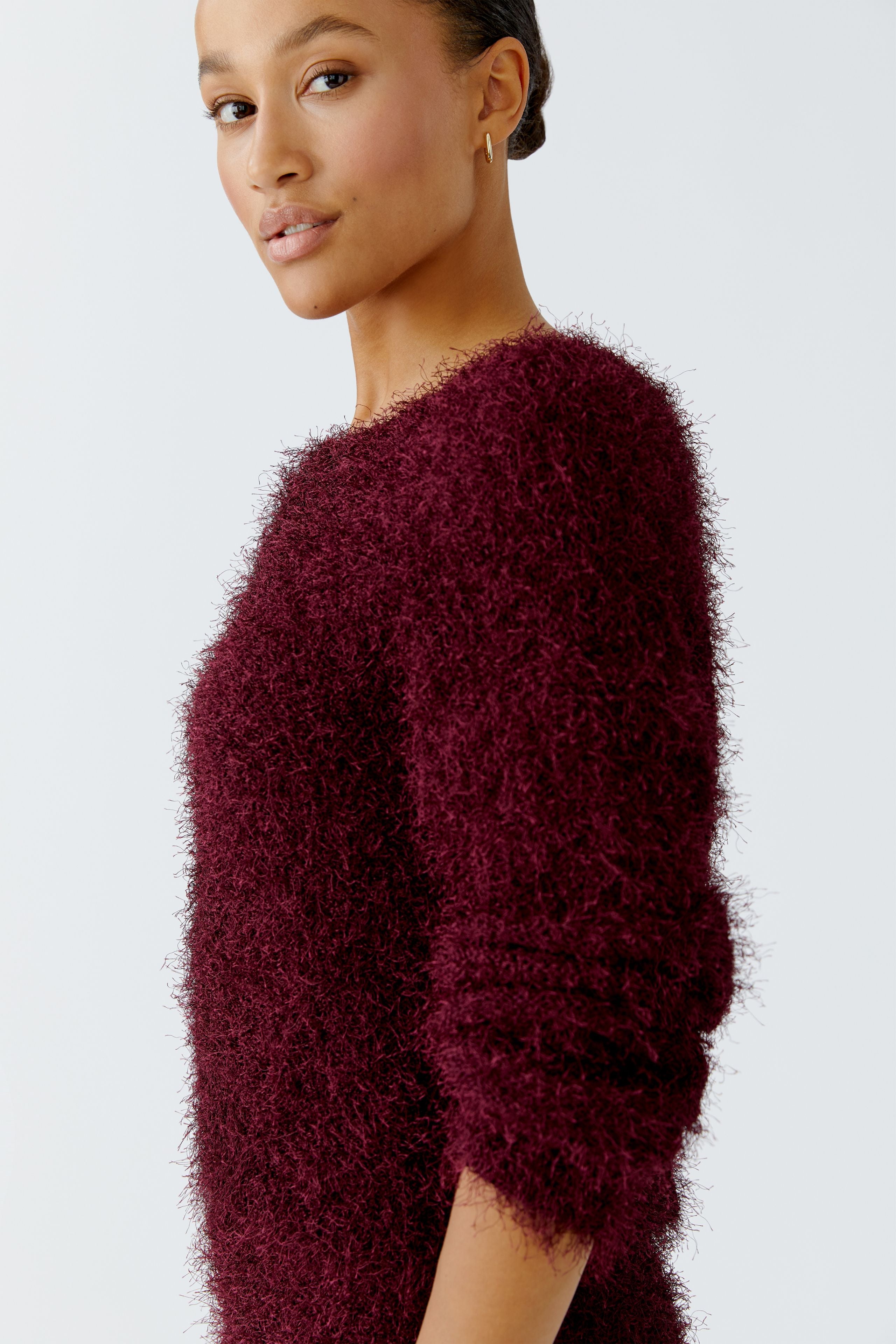 Oui fluffy knit jumper styled on model Showing fluffy texture