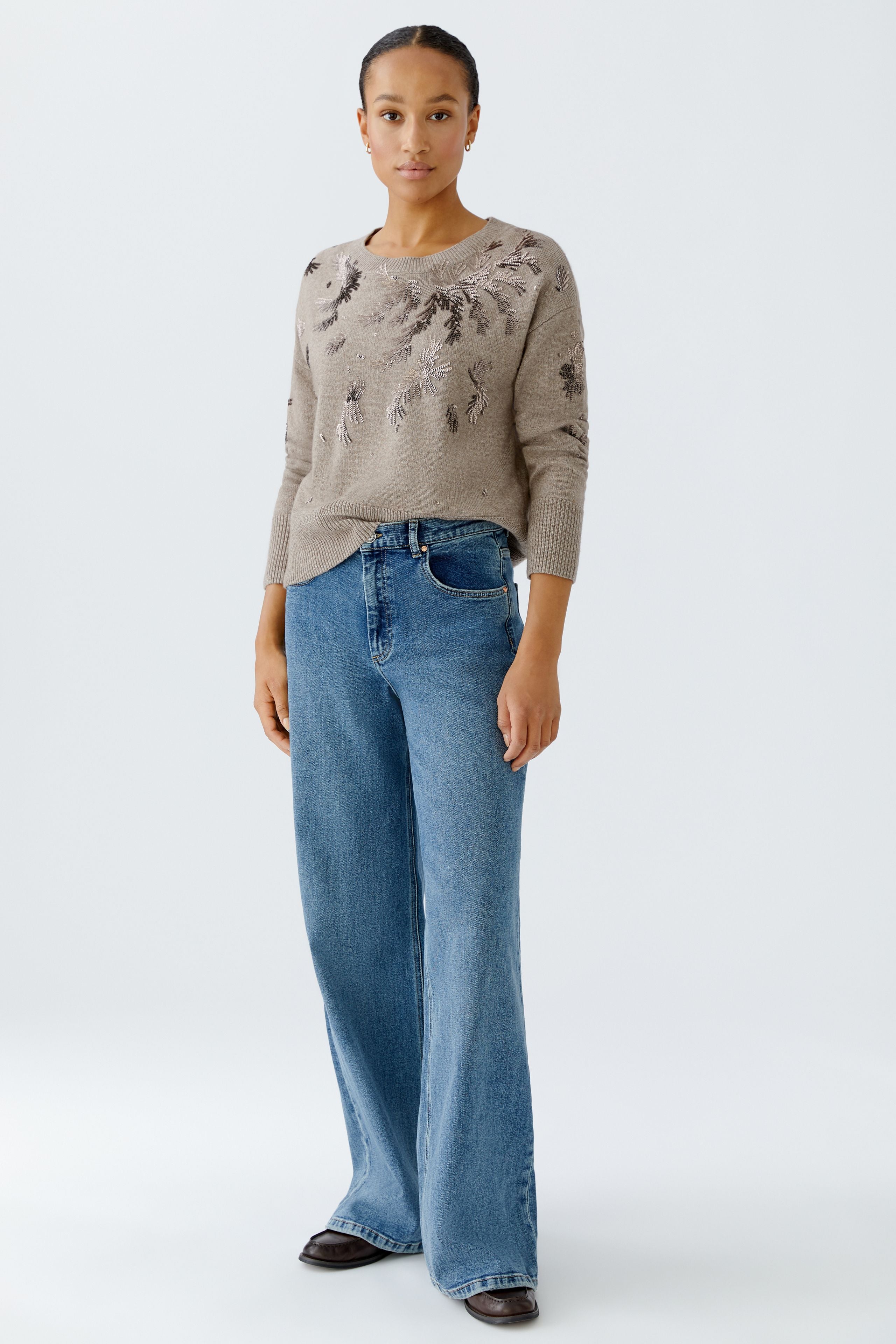 Oui Smokey taupe embroidered sequin jumper with relaxed fit