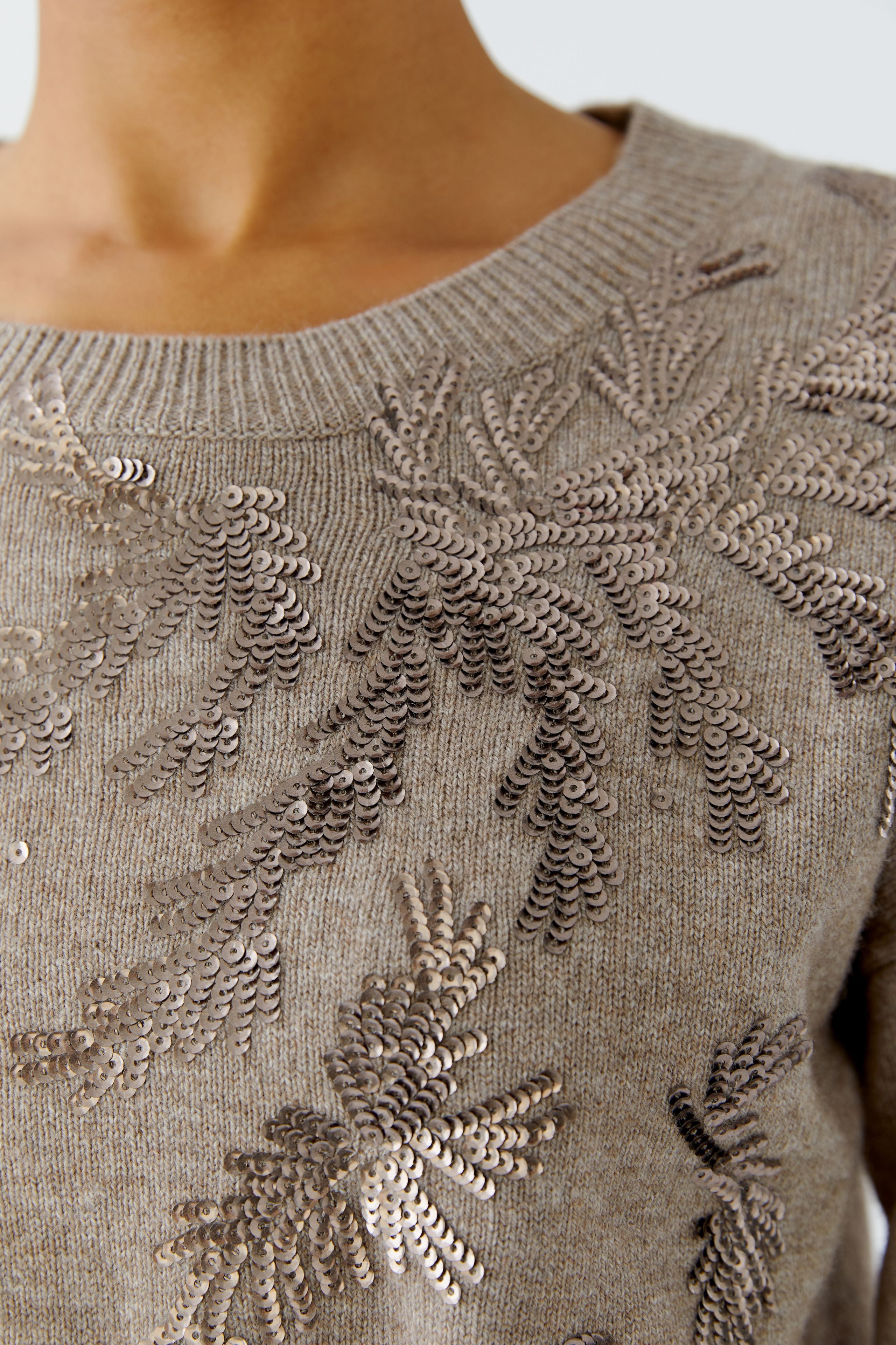 Oui jumper with sequin motif detail on taupe colour knit