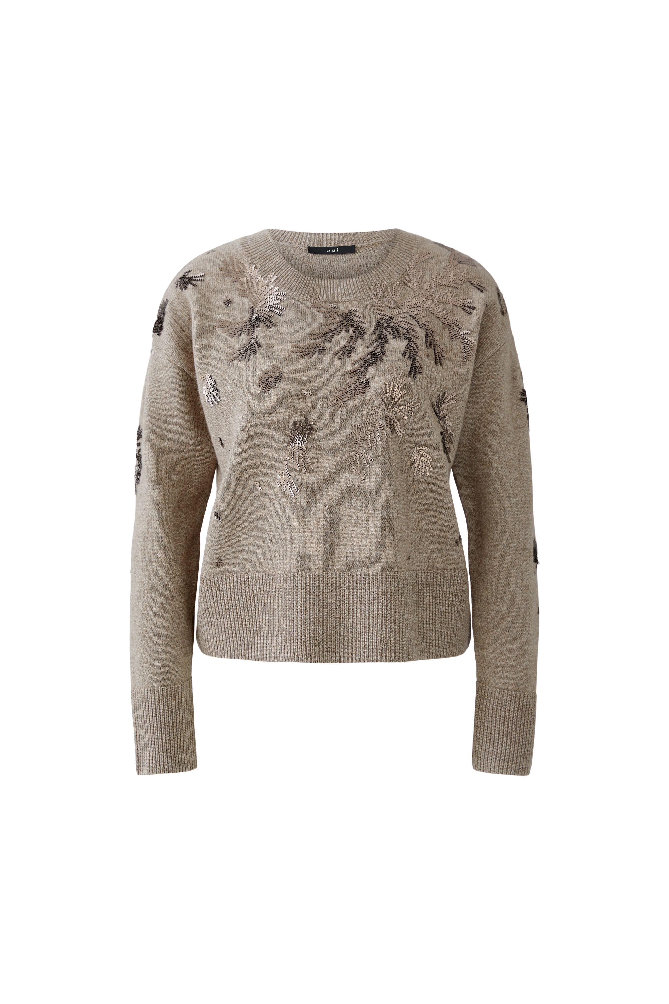 Oui jumper flat lay in taupe with sequin detailing