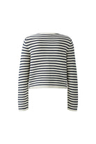 Flat lay back view of cropped navy and white stripe cardigan
