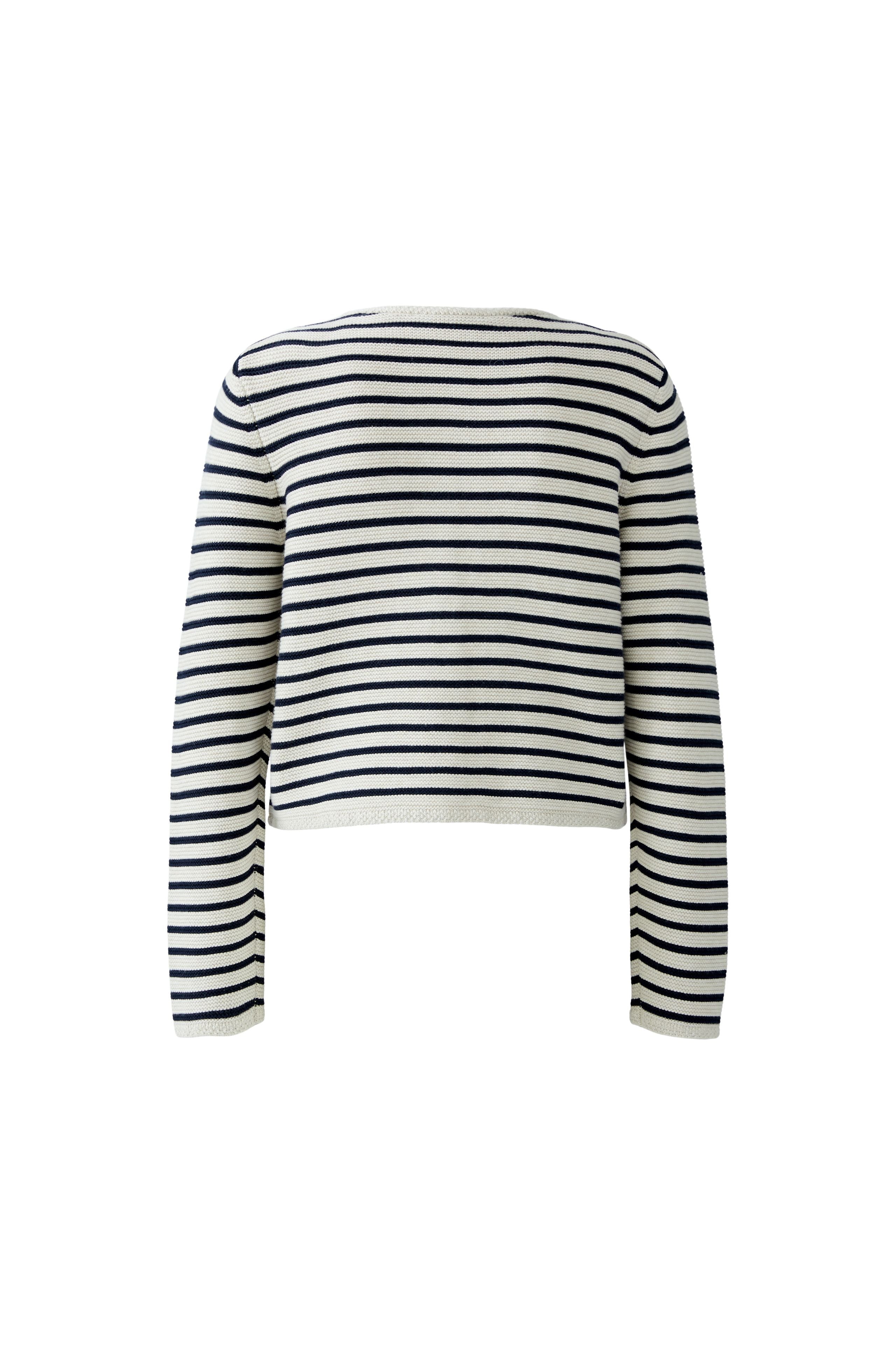 Flat lay back view of cropped navy and white stripe cardigan