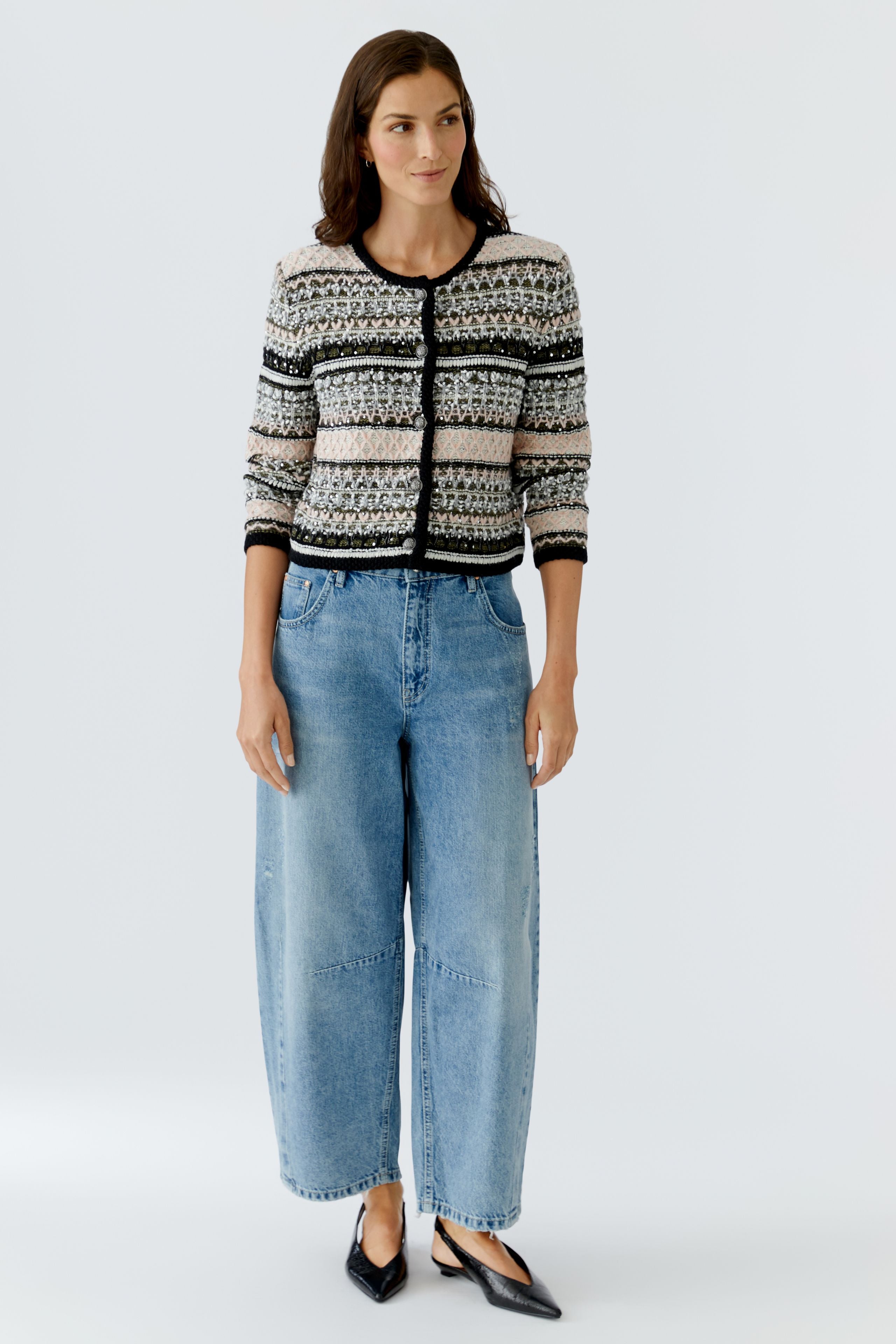 Oui Khaki Rose knitted jacket – front view styled with wide-leg jeans