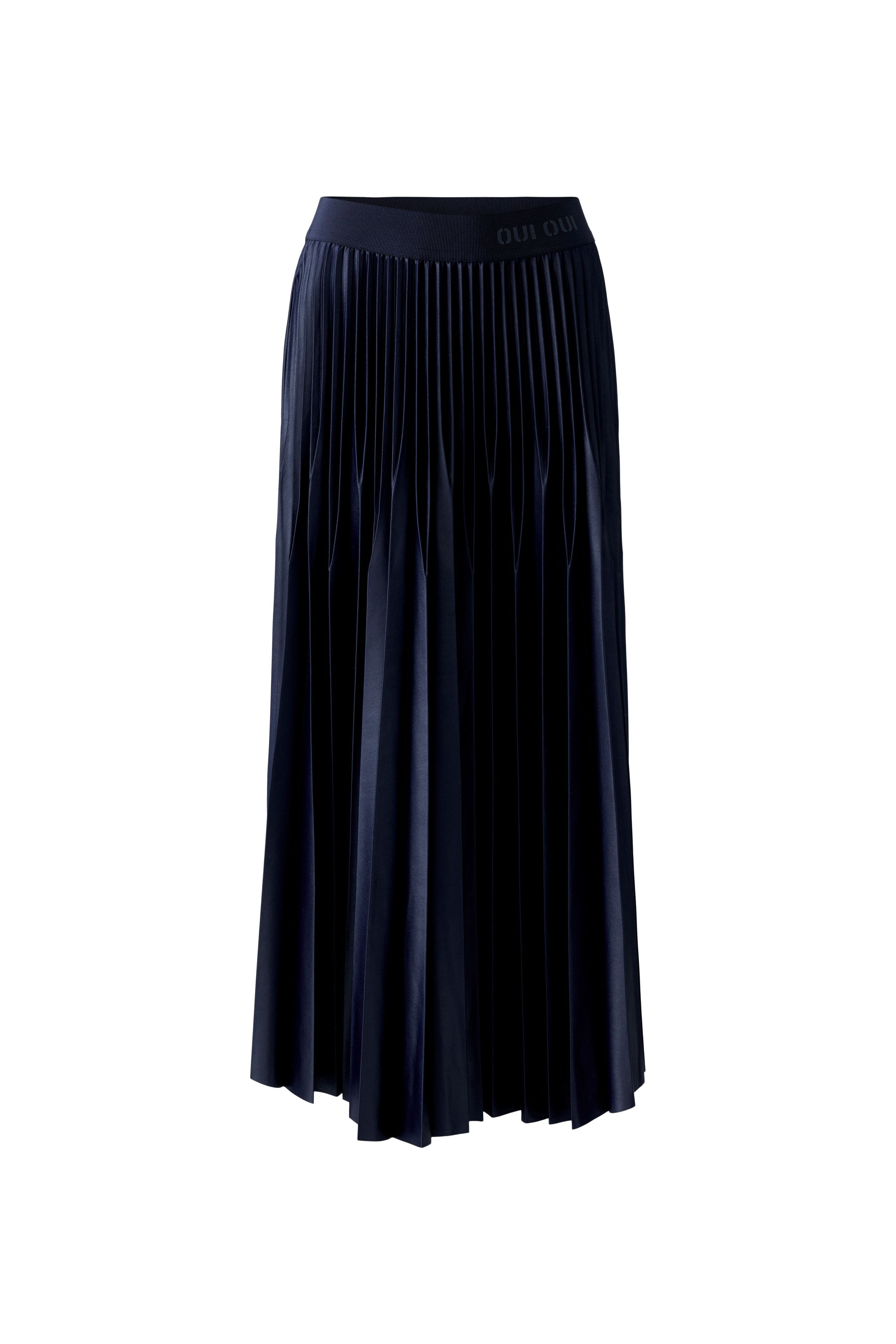 Back flat view of pleated midi skirt in navy