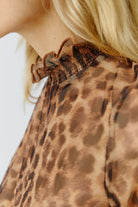 Oui leopard print top – close-up of smocked collar and ruffle detail