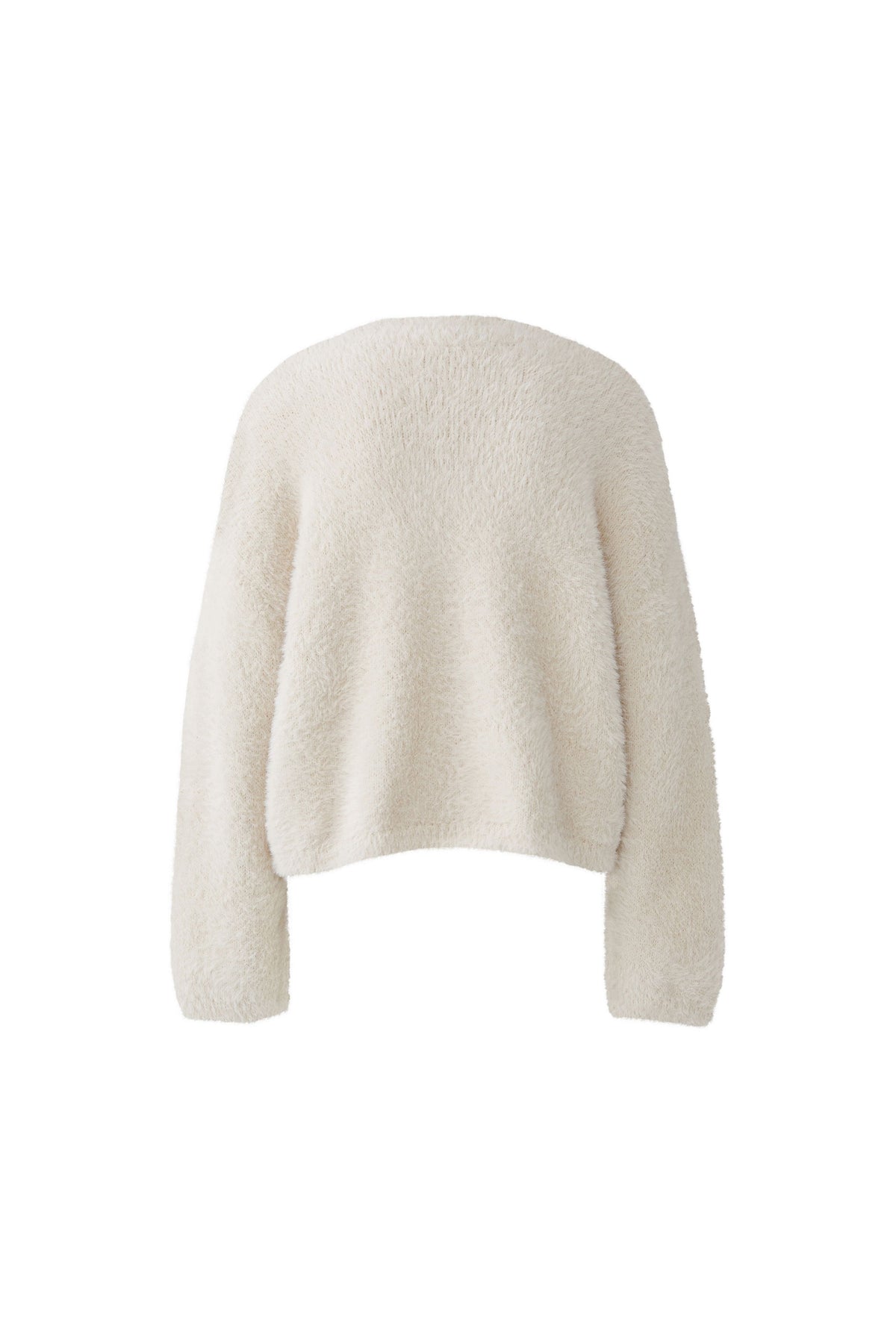 Oui cream textured V-neck knit jumper with relaxed cropped fit – back view