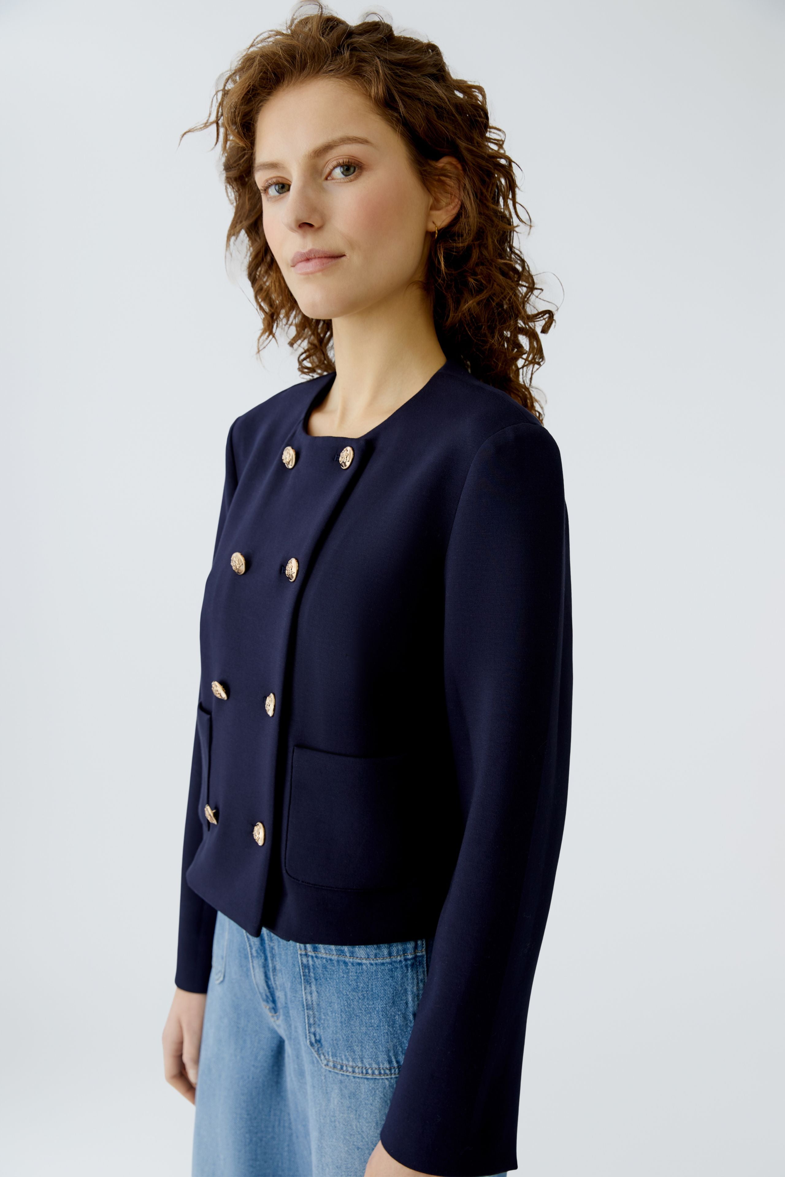 Oui navy cropped button jacket side view