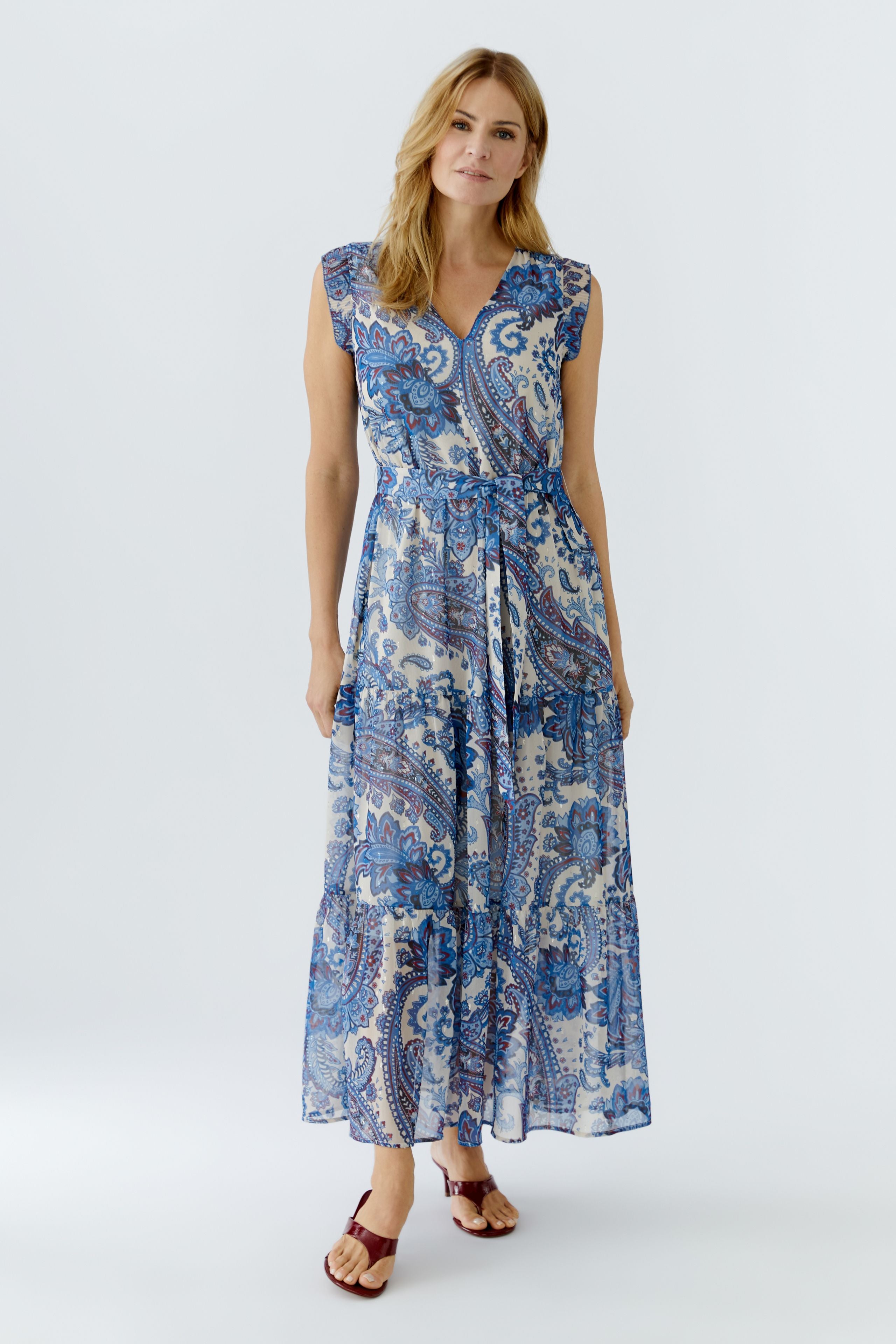 Oui cream blue paisley chiffon maxi dress front view