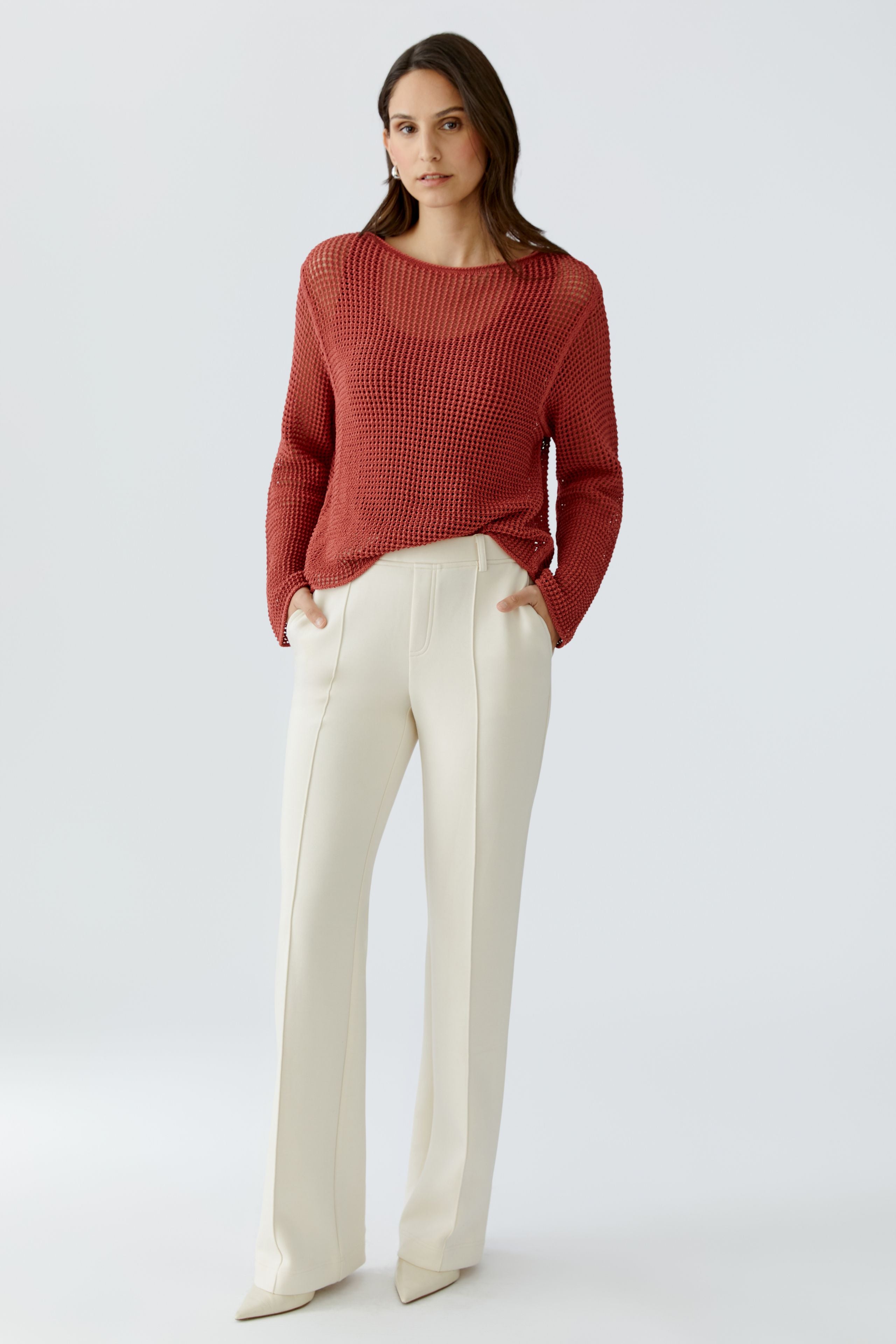 Oui high waisted wide leg trousers in cream with front seam detail