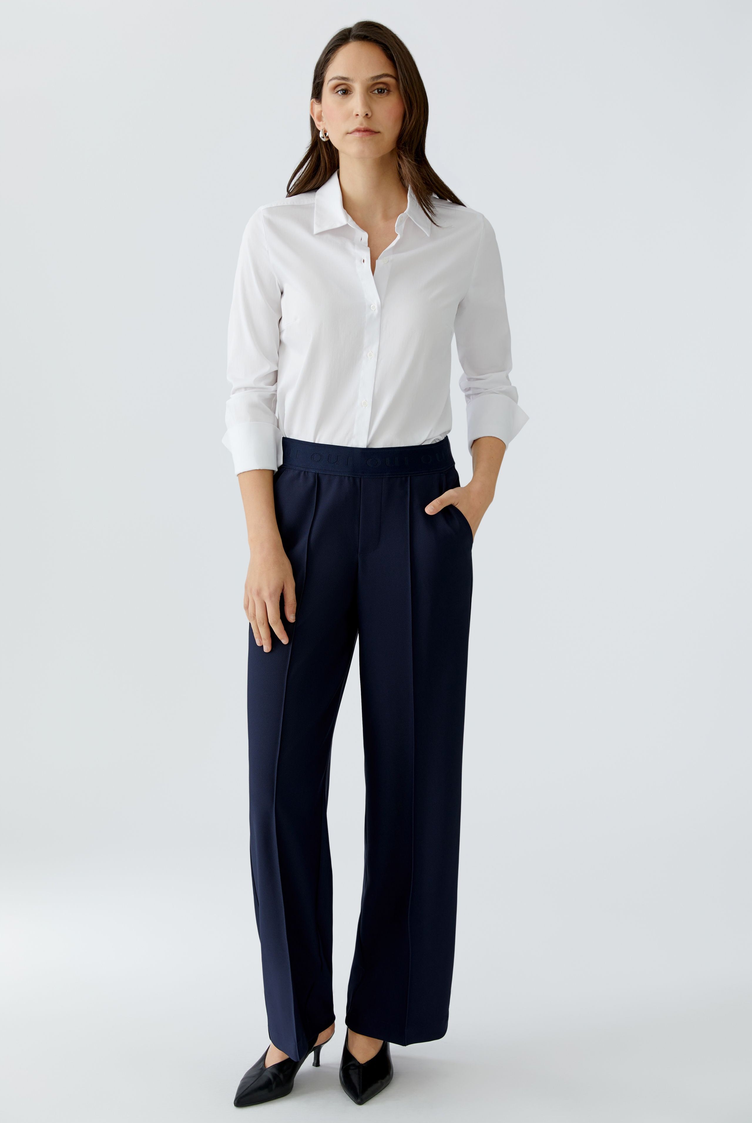 Oui navy technical jersey straight leg trousers front view