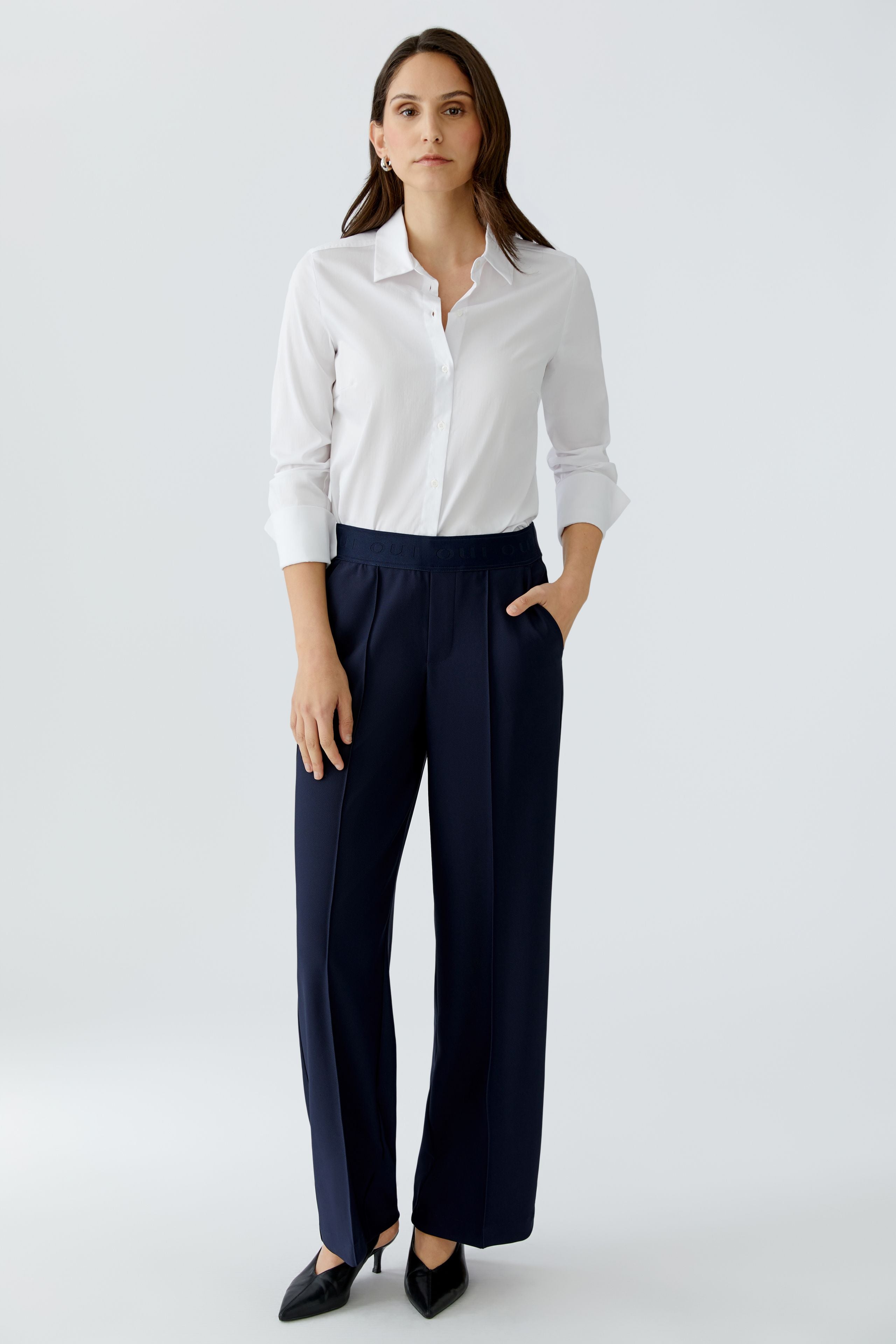 Oui navy technical jersey straight leg trousers front view
