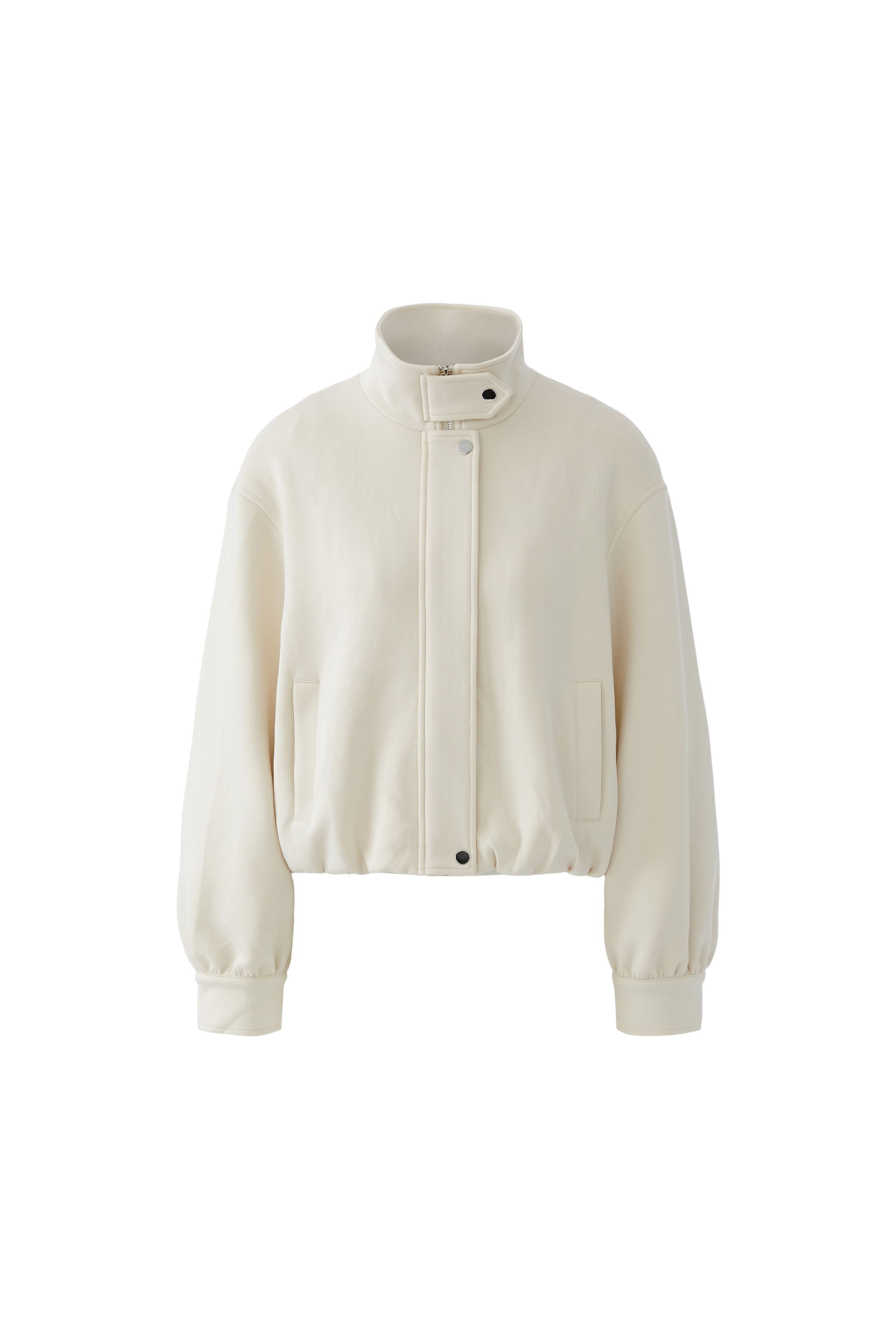 Oui Bomber Style Funnel Neck Jacket in cream front view with tab collar and zip fastening