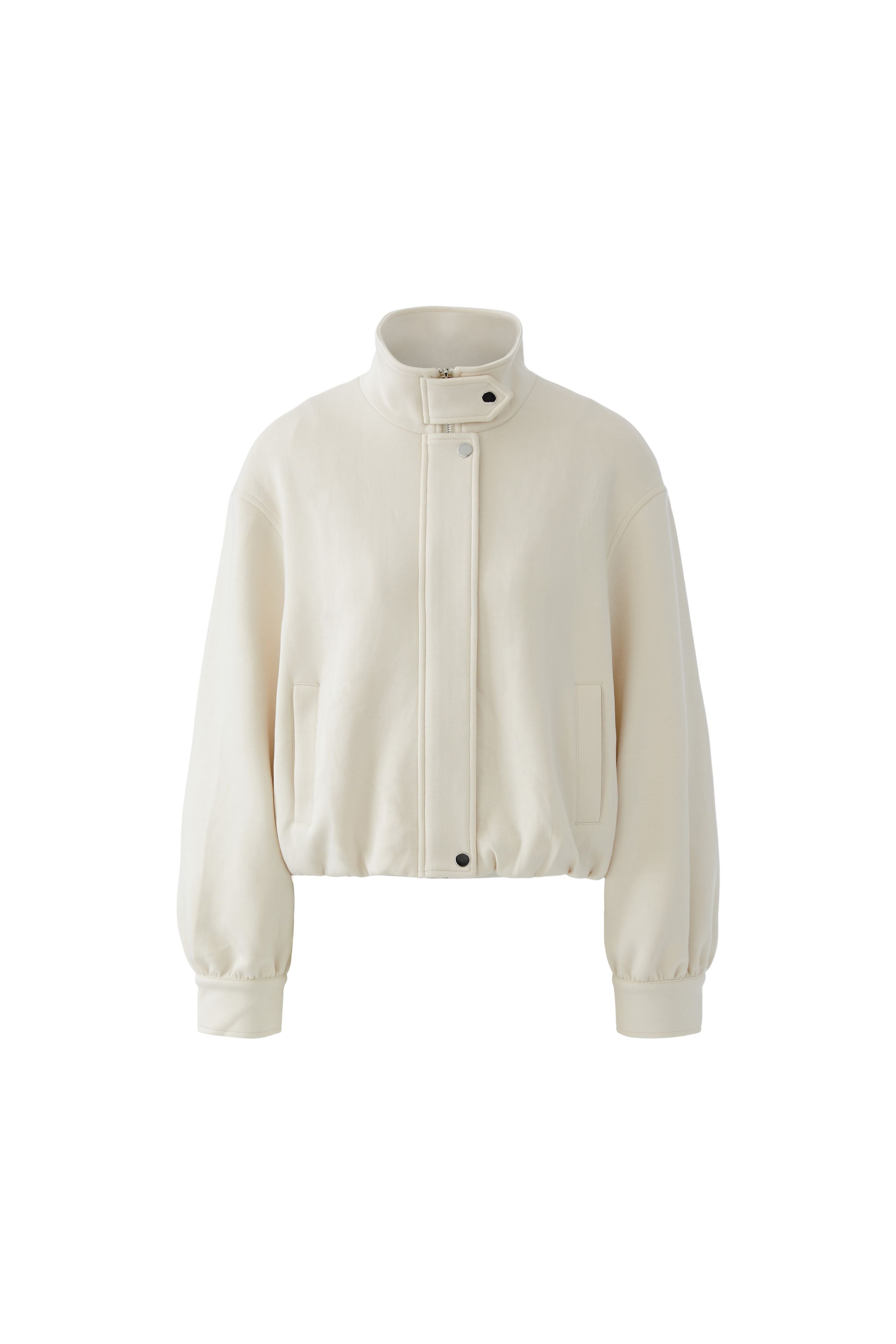 Oui Bomber Style Funnel Neck Jacket in cream front view with tab collar and zip fastening