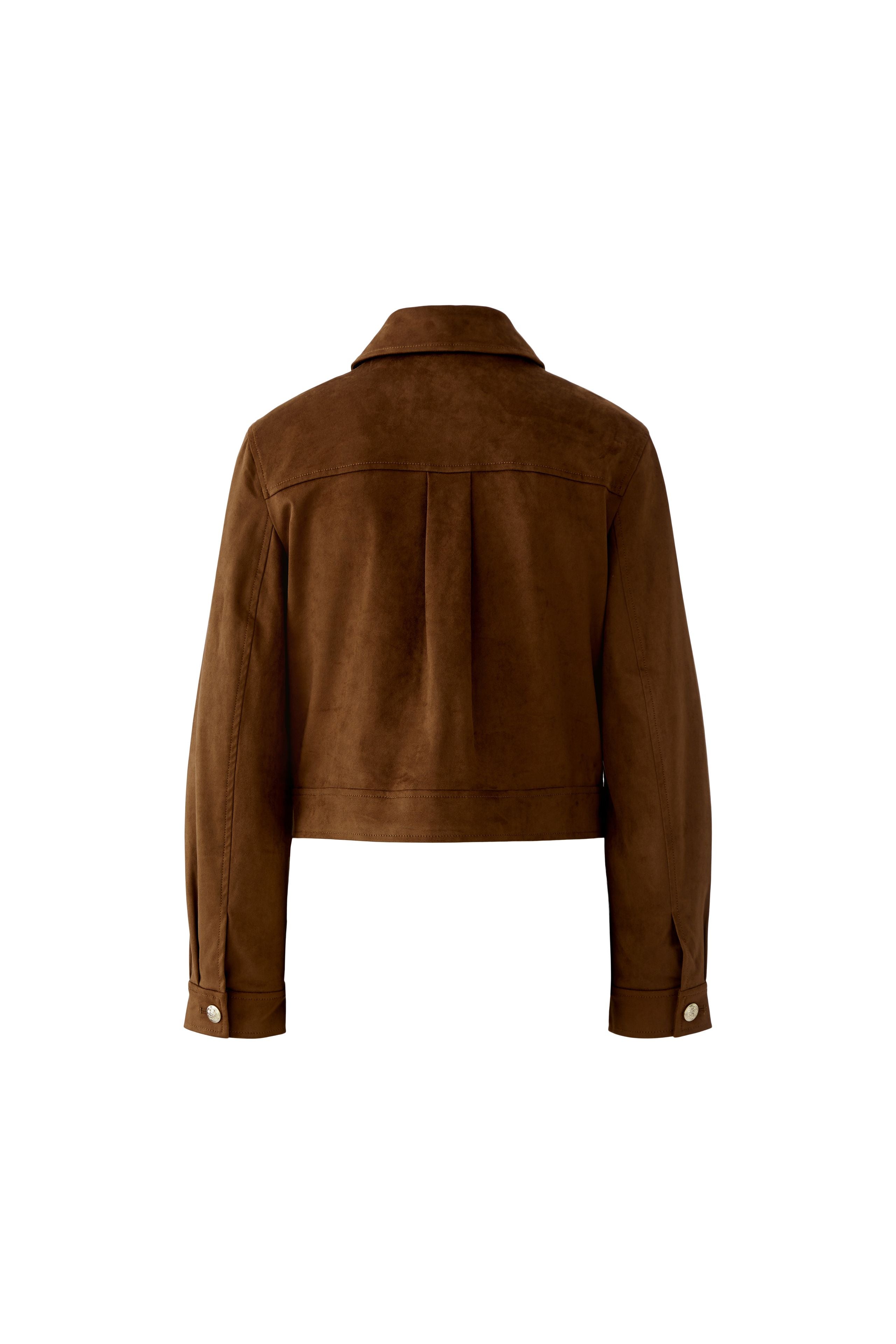 Back view of Oui soft faux suede cropped trucker jacket for women in brown
