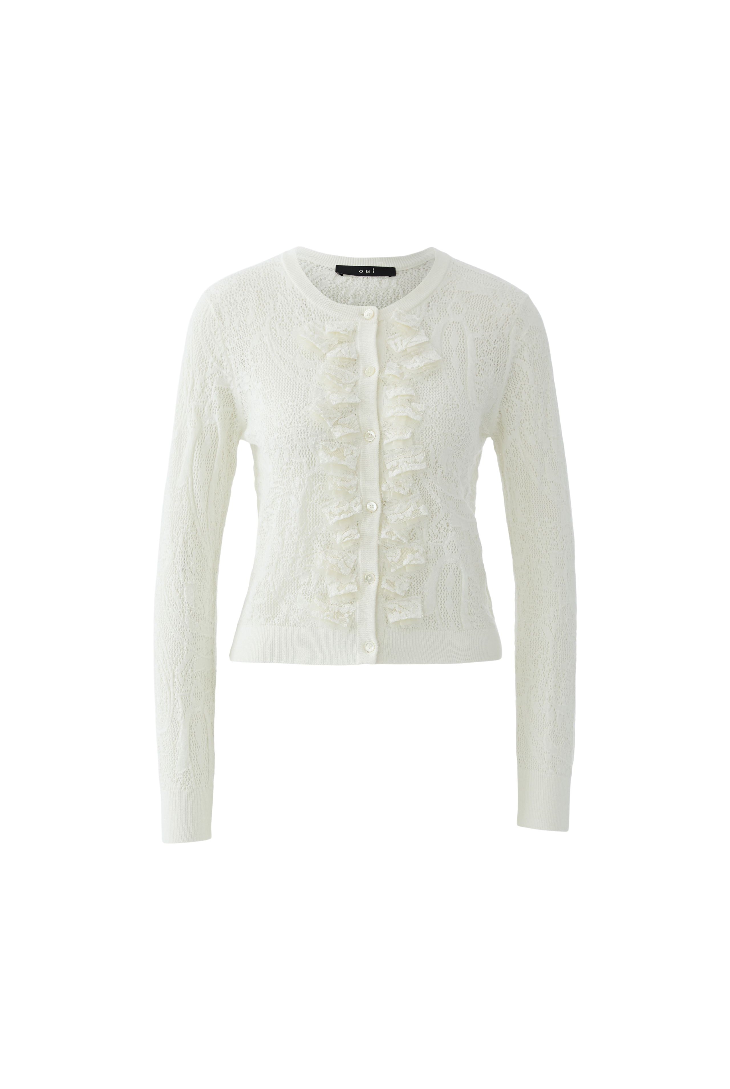 Oui ruffle front lace knit cardigan ivory front view