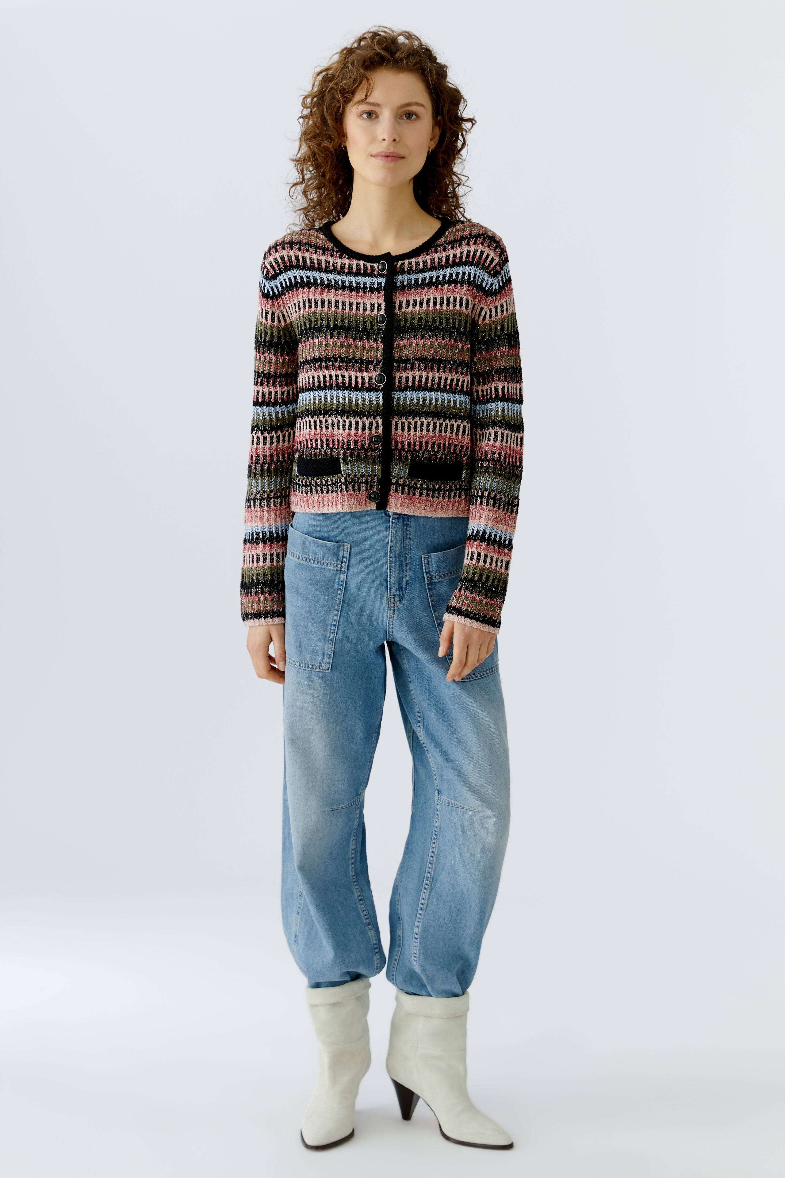 Oui knitted jacket close-up showing textured stripe knit and buttons