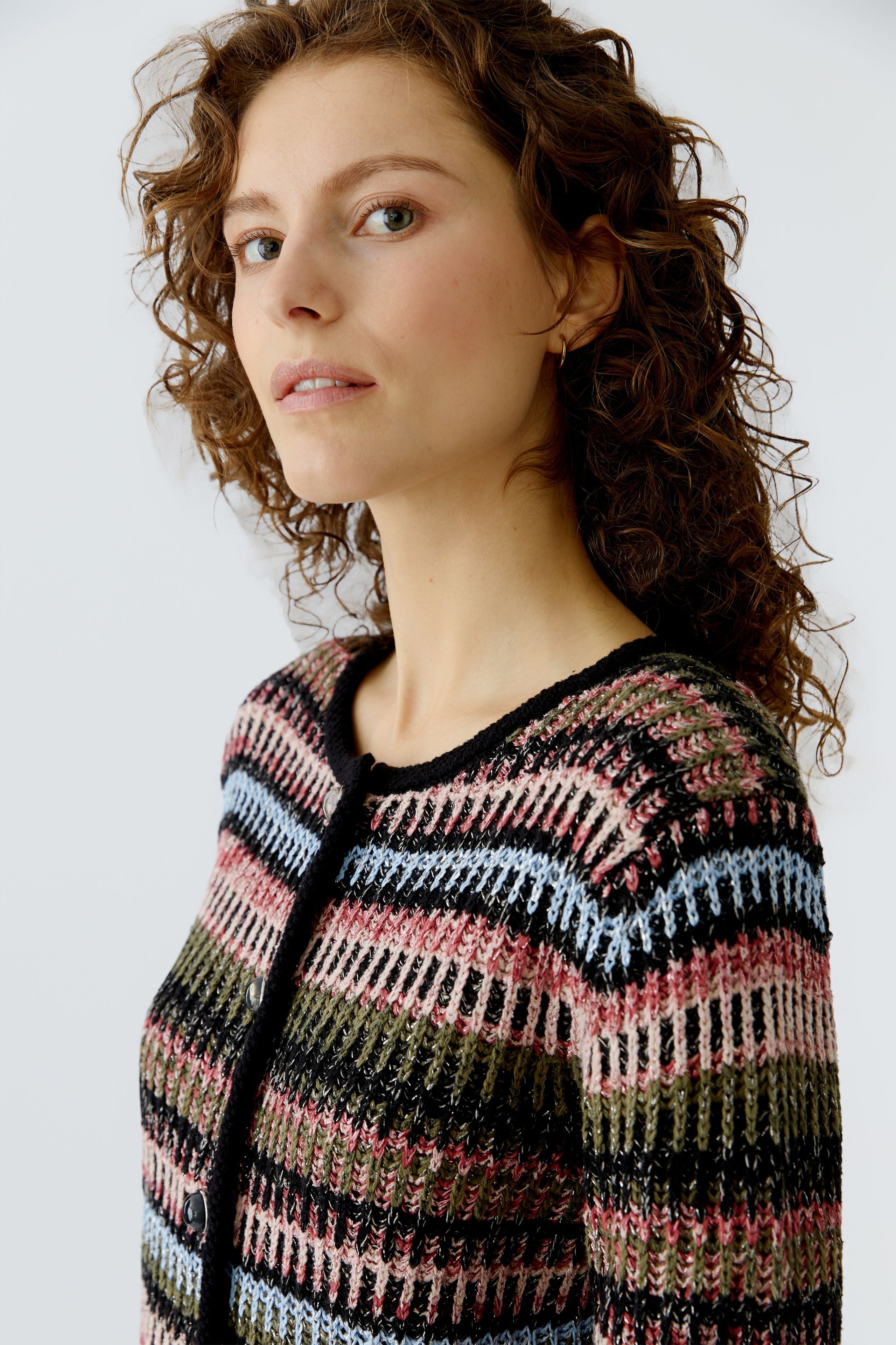 Oui striped knitted jacket front view with round neckline
