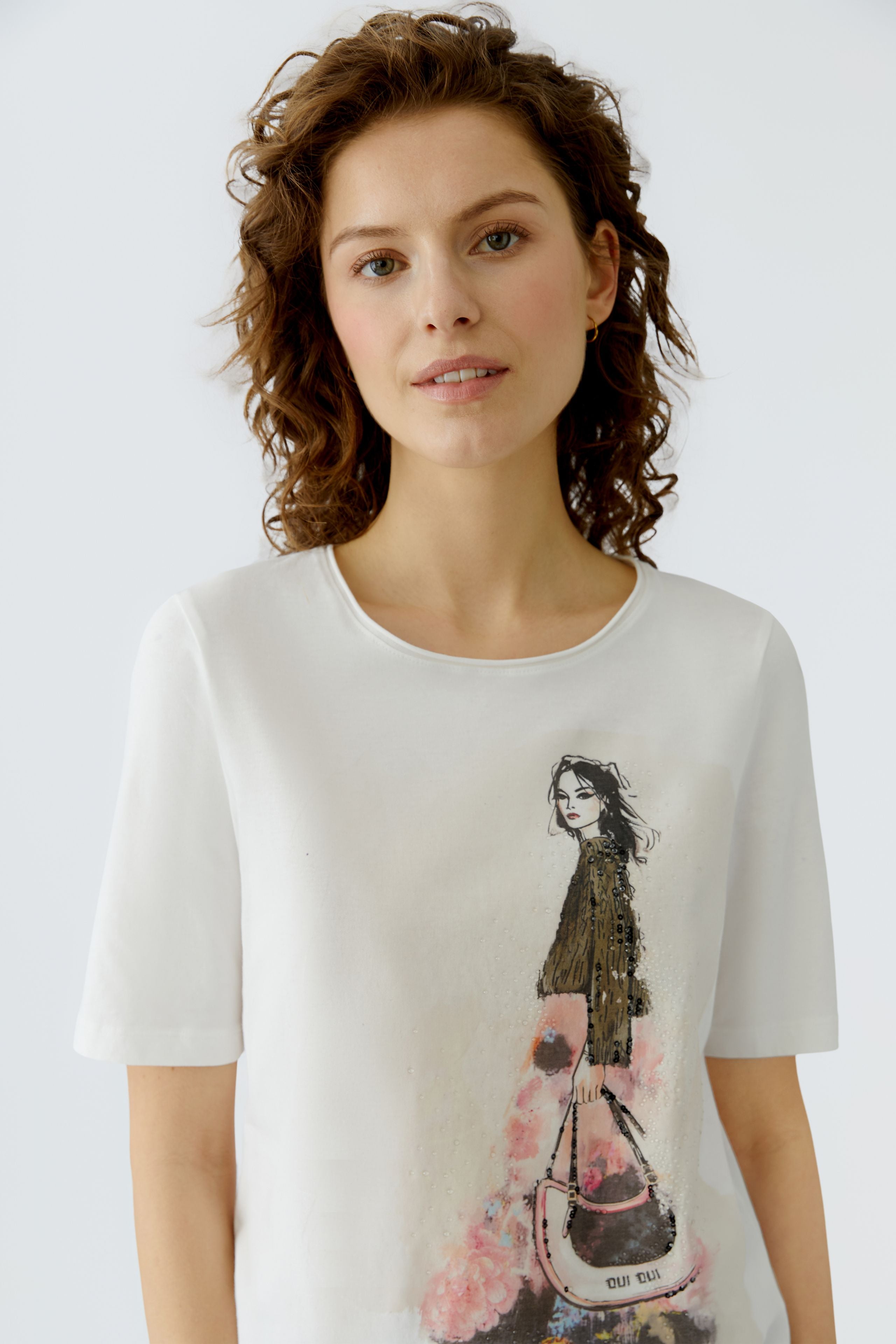 Oui Fashion Girl Motif T-shirt illustrated print detail with bead accents