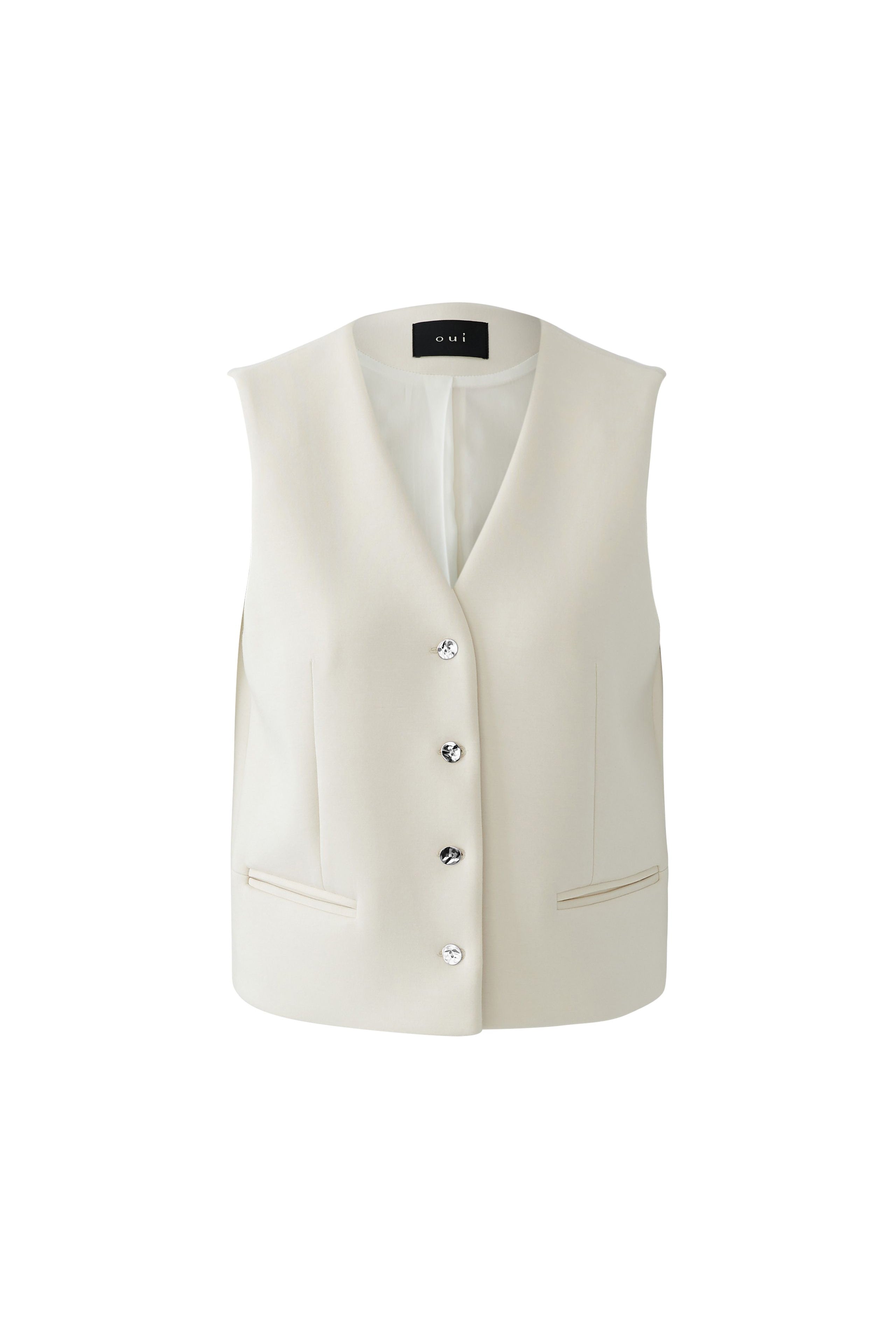 Oui cream soft buttoned V-neck waistcoat front view