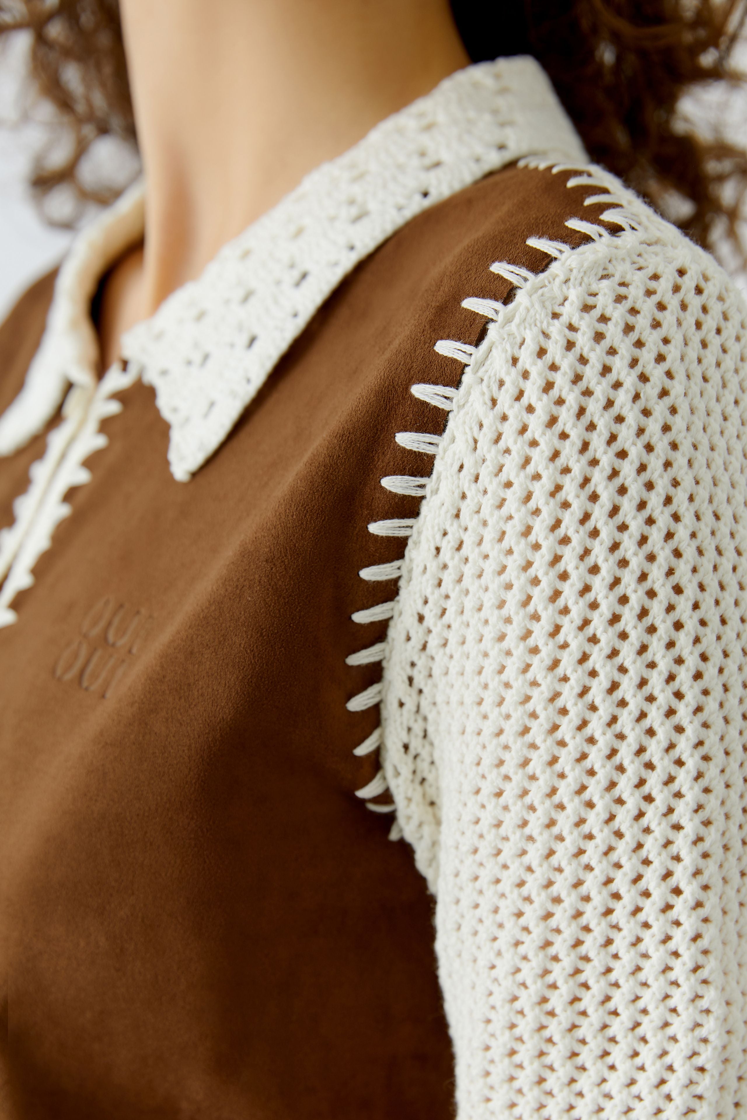 Oui hand stitched crochet detail cardigan In brown & cream