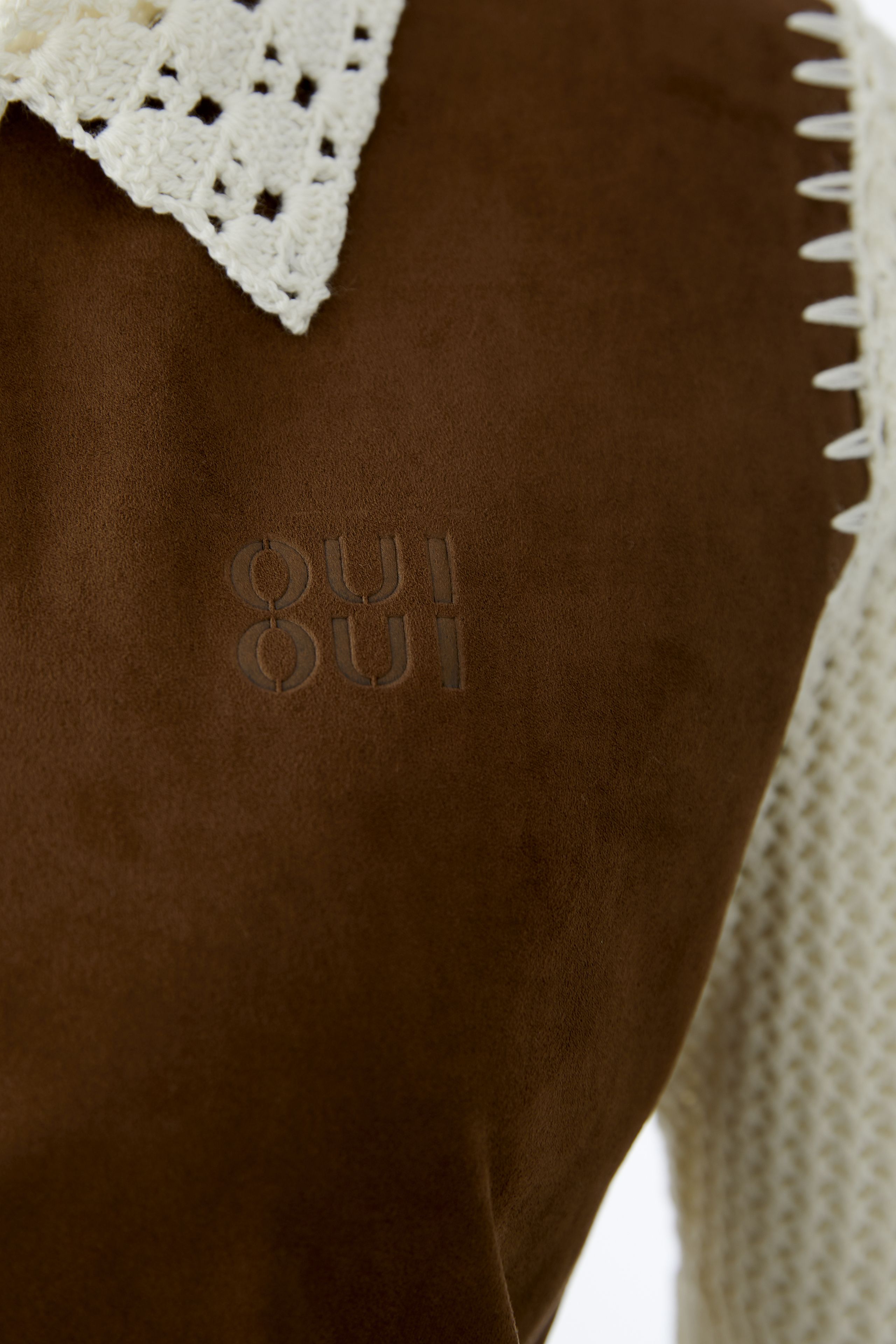 Oui suede look logo panel on cardigan close up