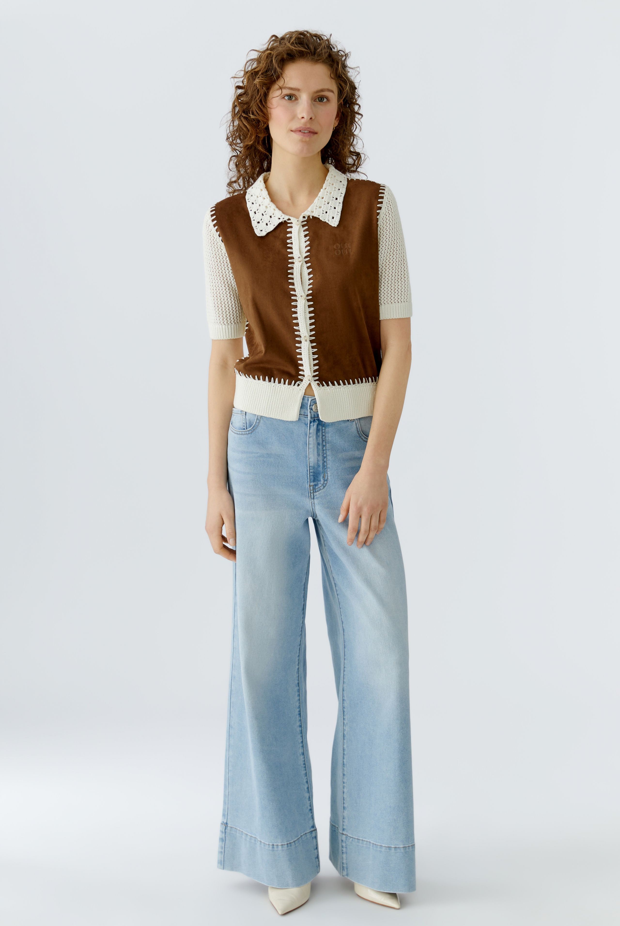 Oui cropped brown knit crochet cardigan women