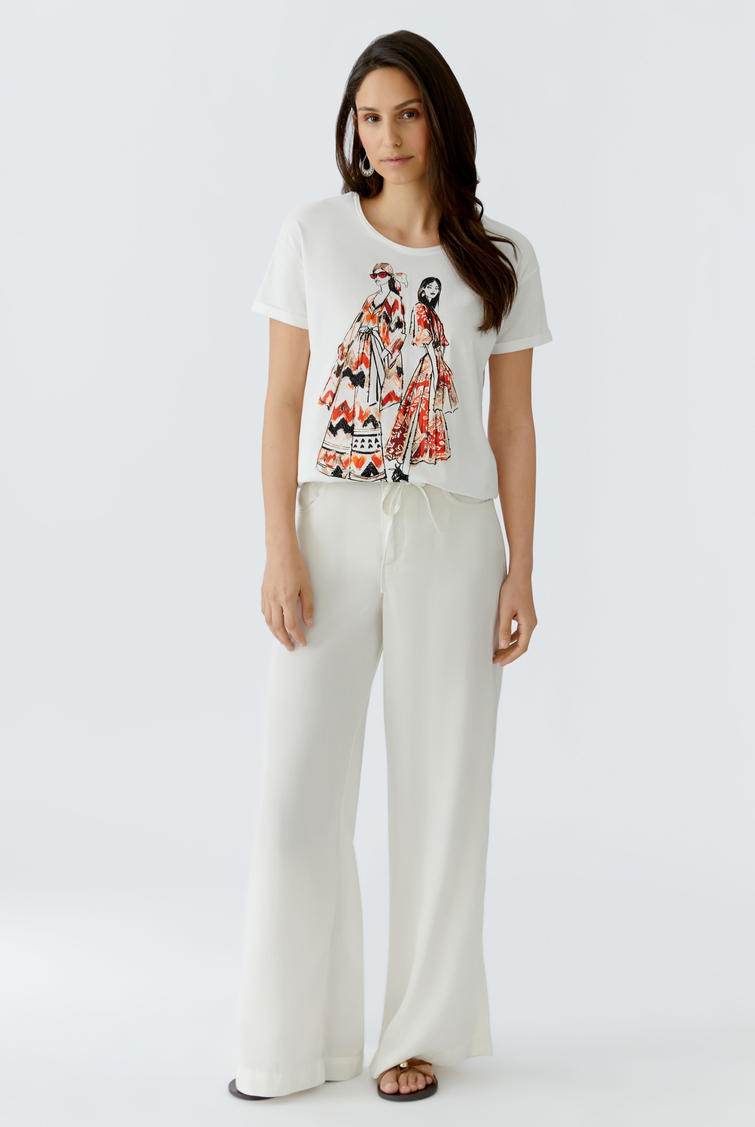 Oui white illustrated print T-shirt with sequin detail full length outfit view