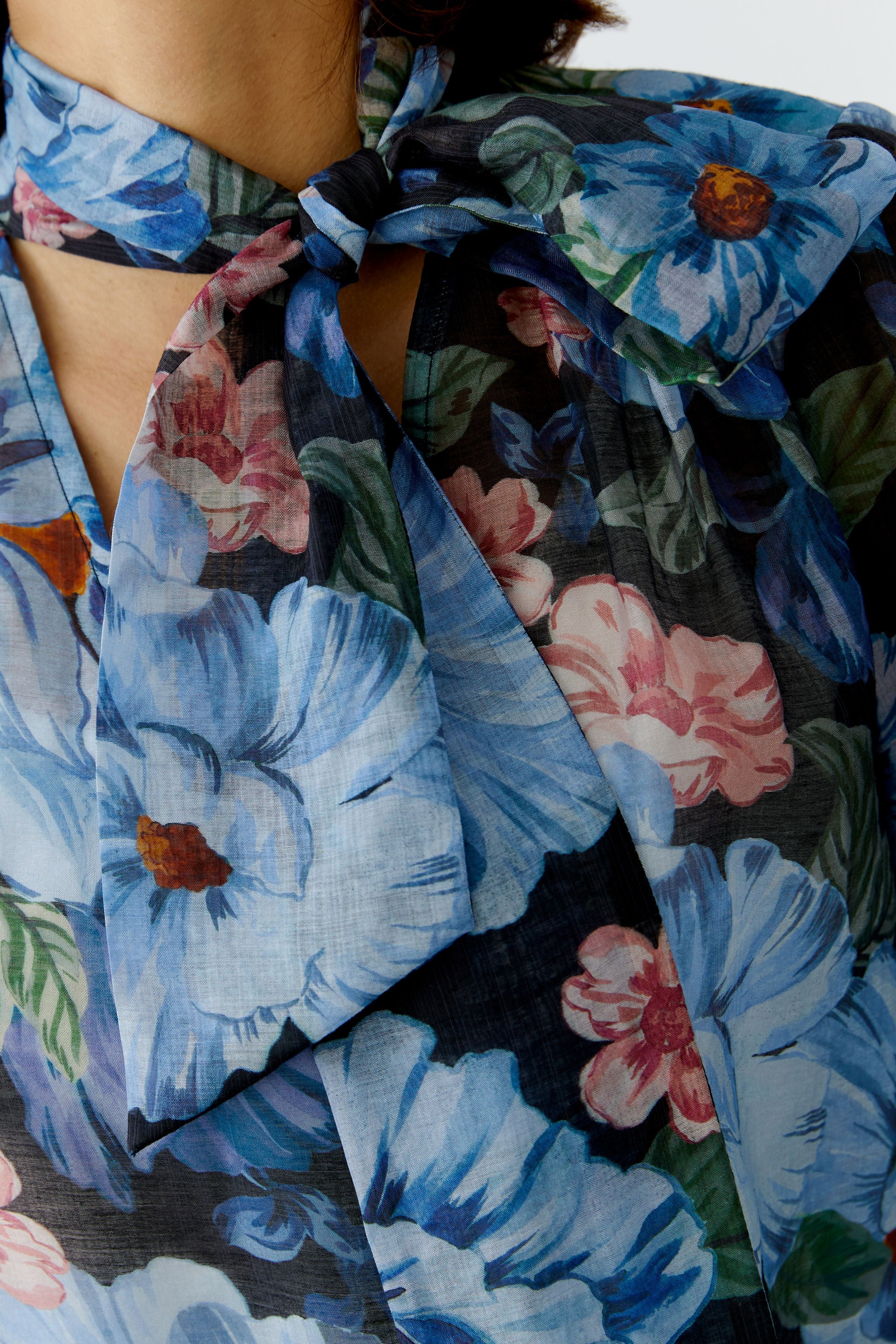 Oui floral tie neck blouse blue print detail close up