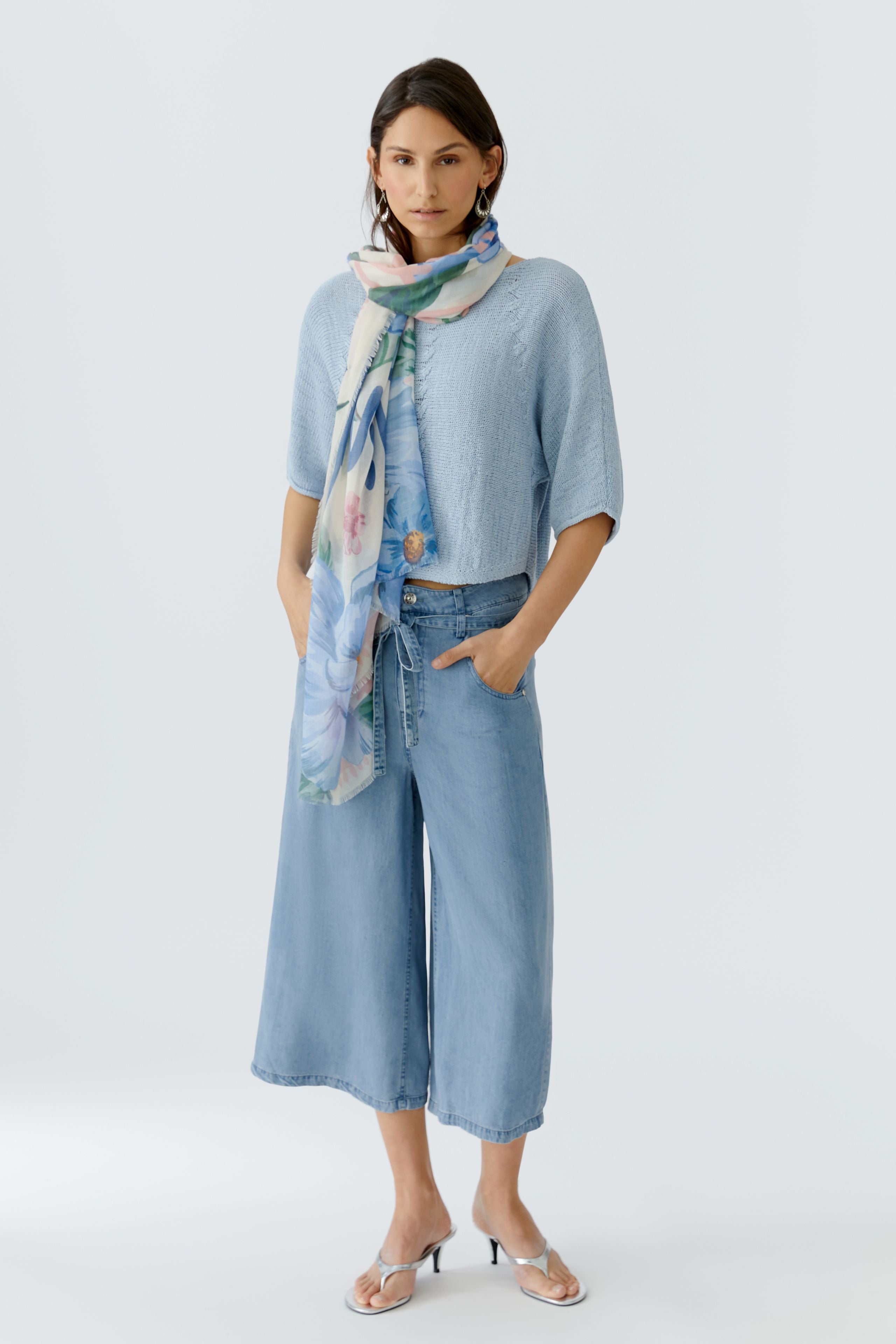 Oui blue floral scarf styled with outfit lightweight scarf